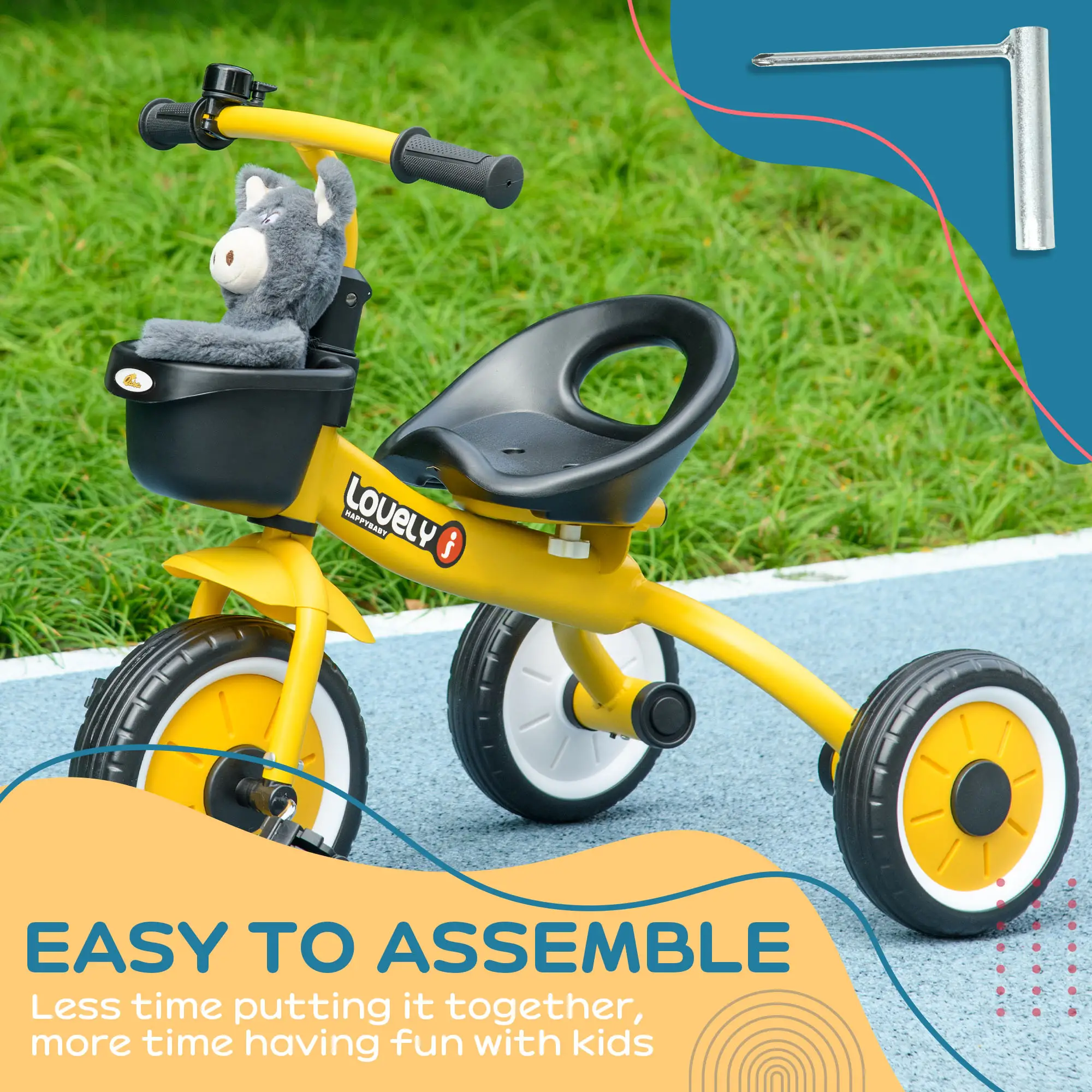 Toddler Tricycle for 2-5 Year Olds, Adjustable Seat, Basket, Bell, Yellow - Image 7