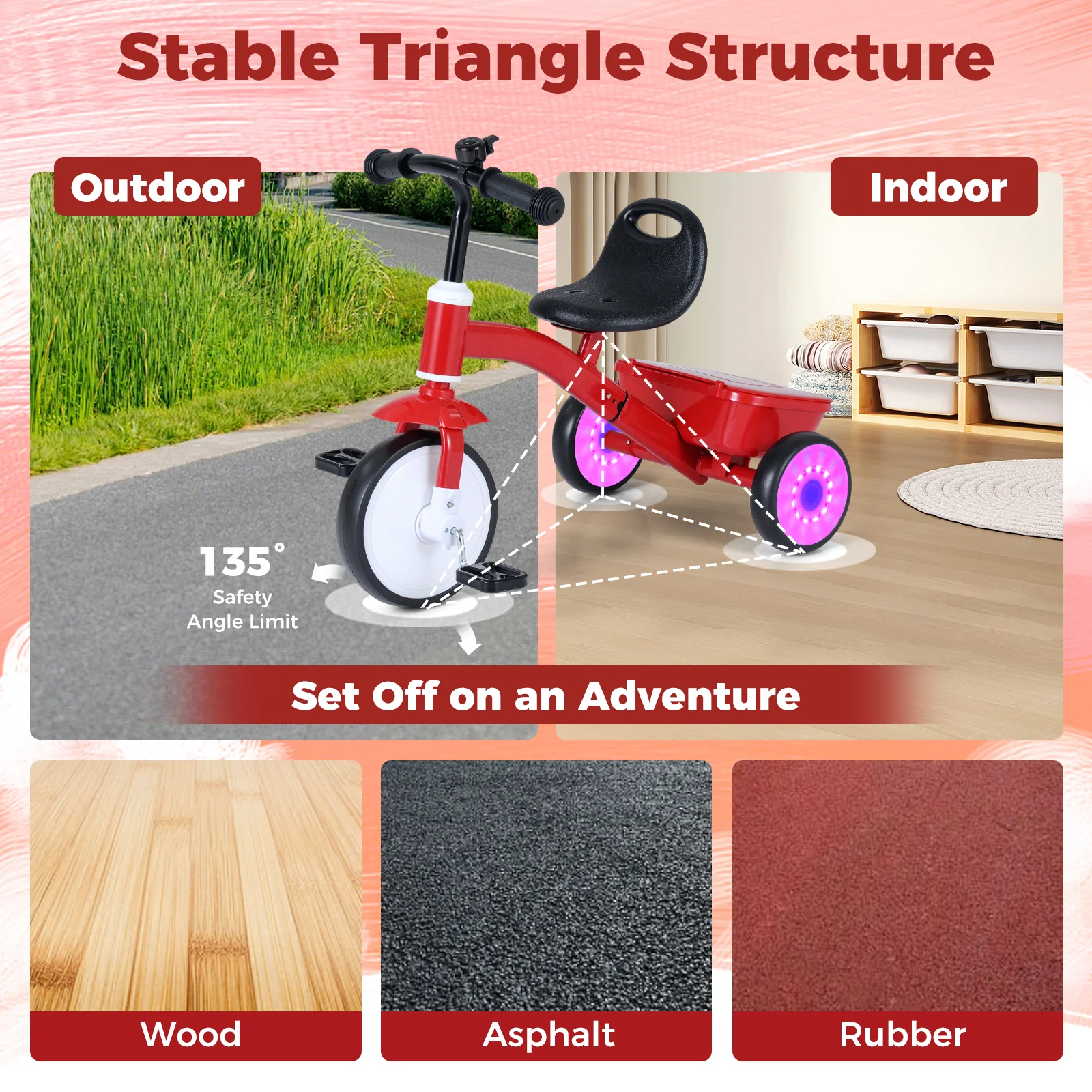 Toddler Tricycle with Glowing Wheels and 4-Level Adjustable Seat - Image 10