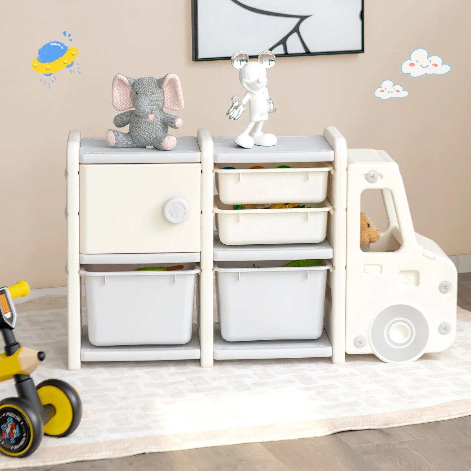 Toddler Truck Storage Organizer, Plastic Bins, Beige - Image 3