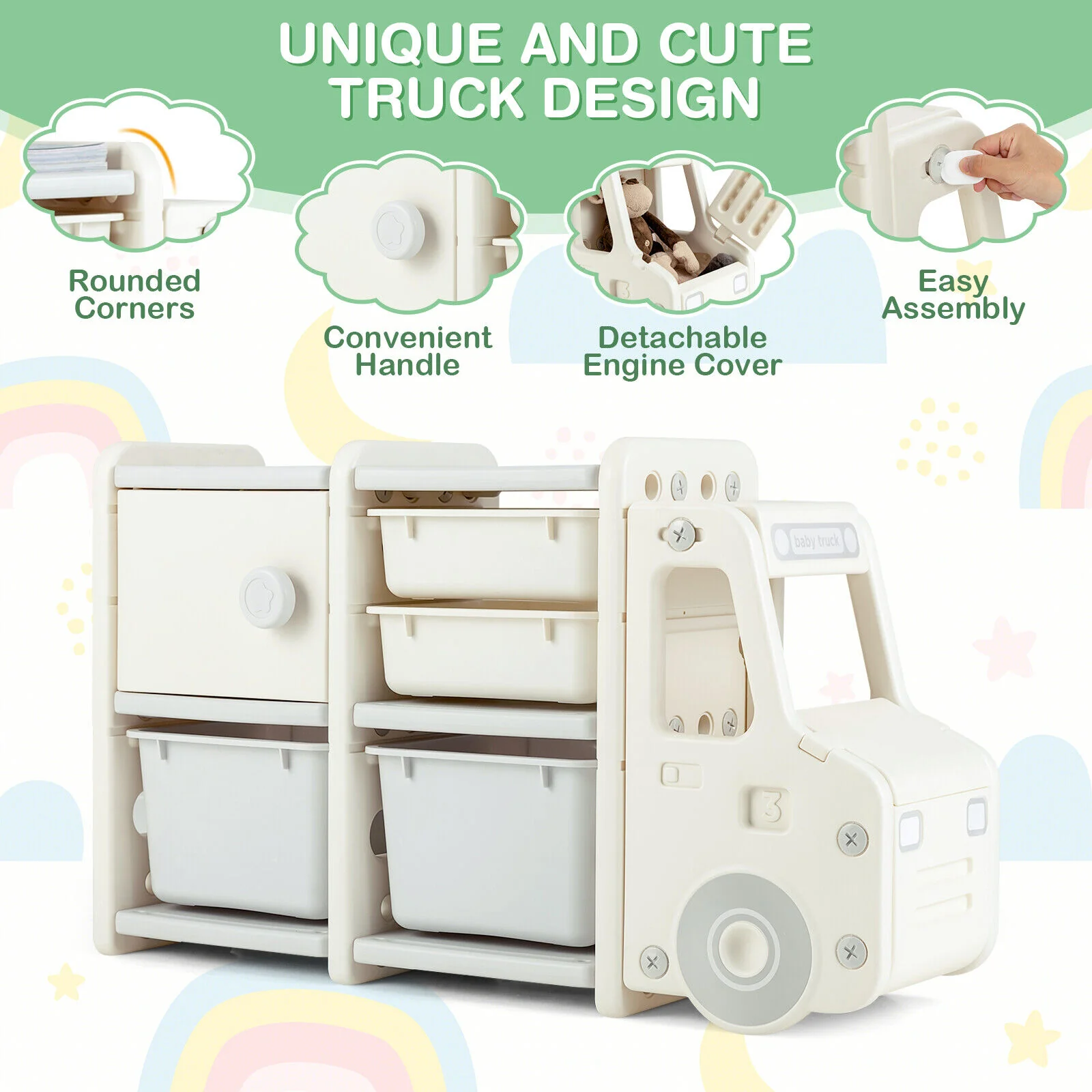 Toddler Truck Storage Organizer, Plastic Bins, Beige - Image 8