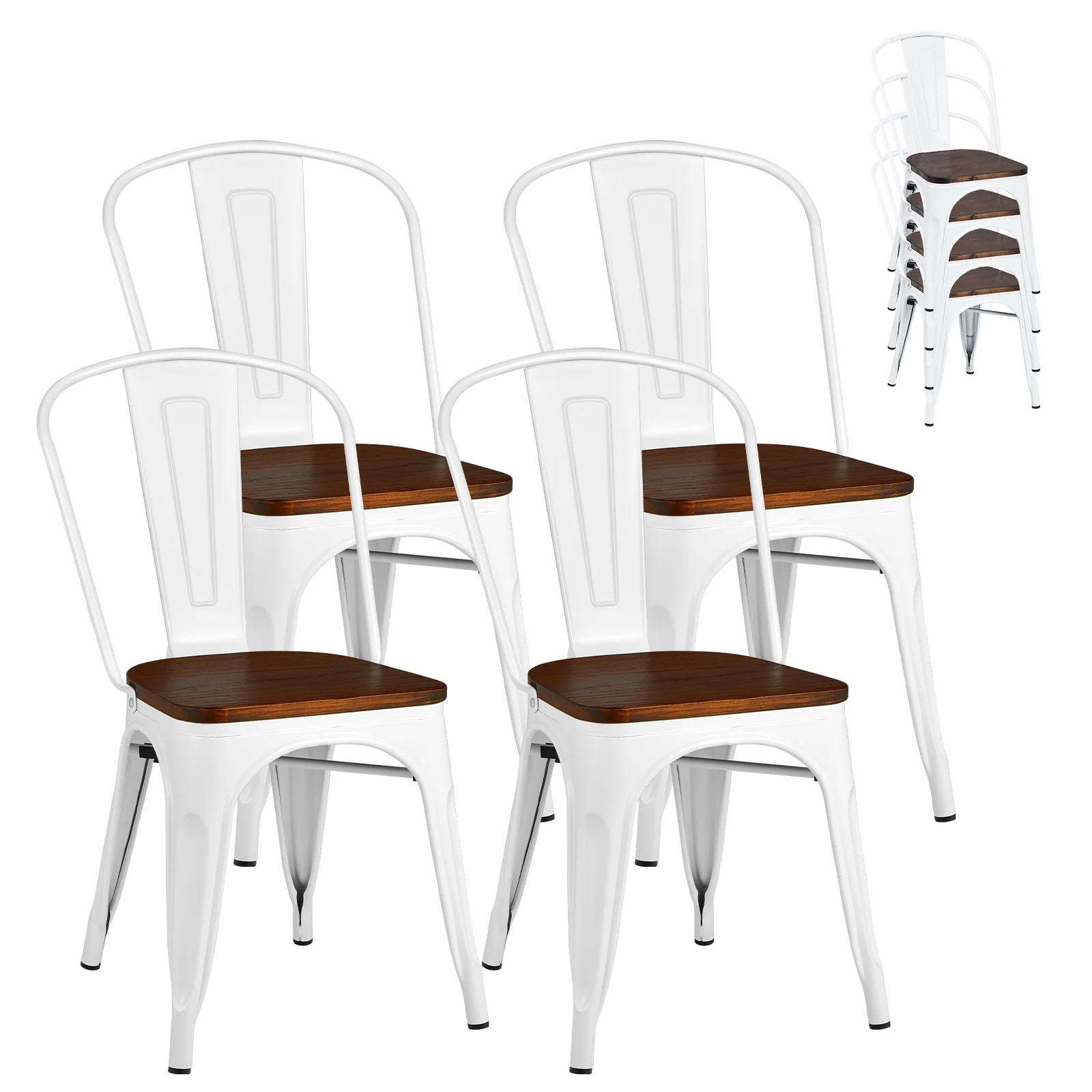 Tolix Style Metal Dining Chairs, Set of 4, Wood Seat, White