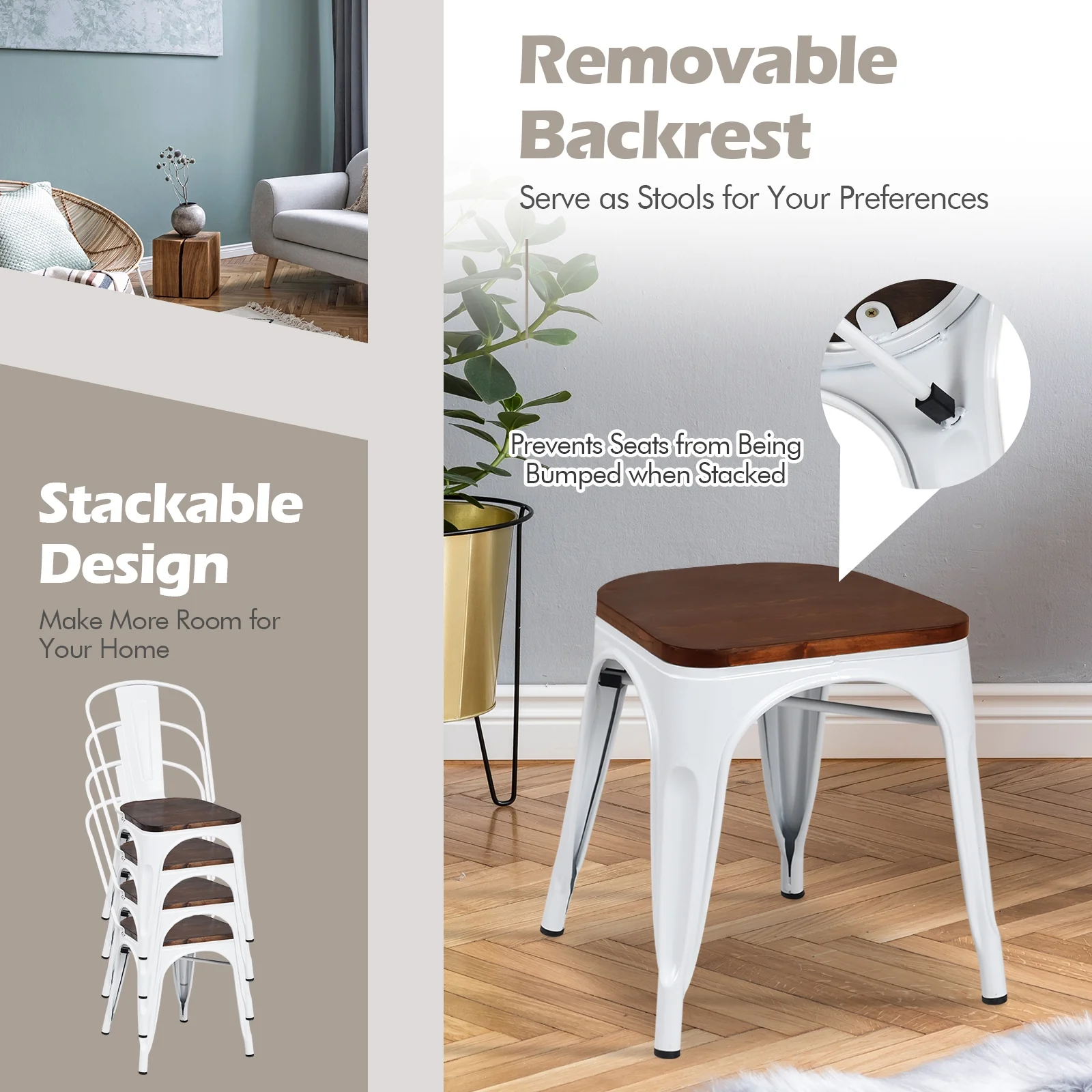 Tolix Style Metal Dining Chairs, Set of 4, Wood Seat, White - Image 10