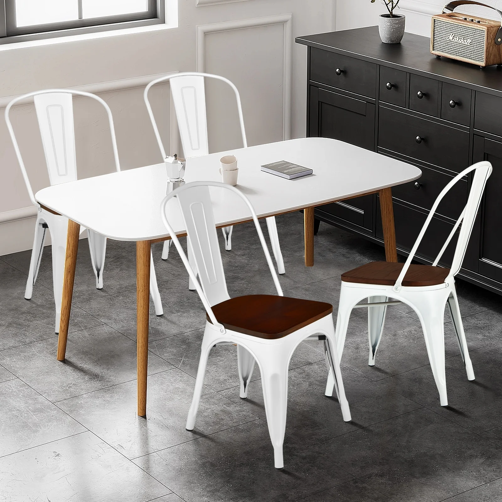 Tolix Style Metal Dining Chairs, Set of 4, Wood Seat, White - Image 2