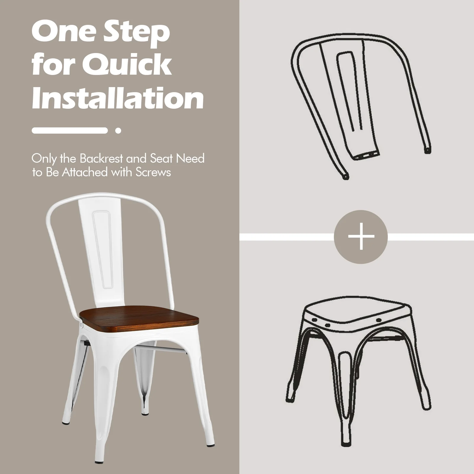 Tolix Style Metal Dining Chairs, Set of 4, Wood Seat, White - Image 3