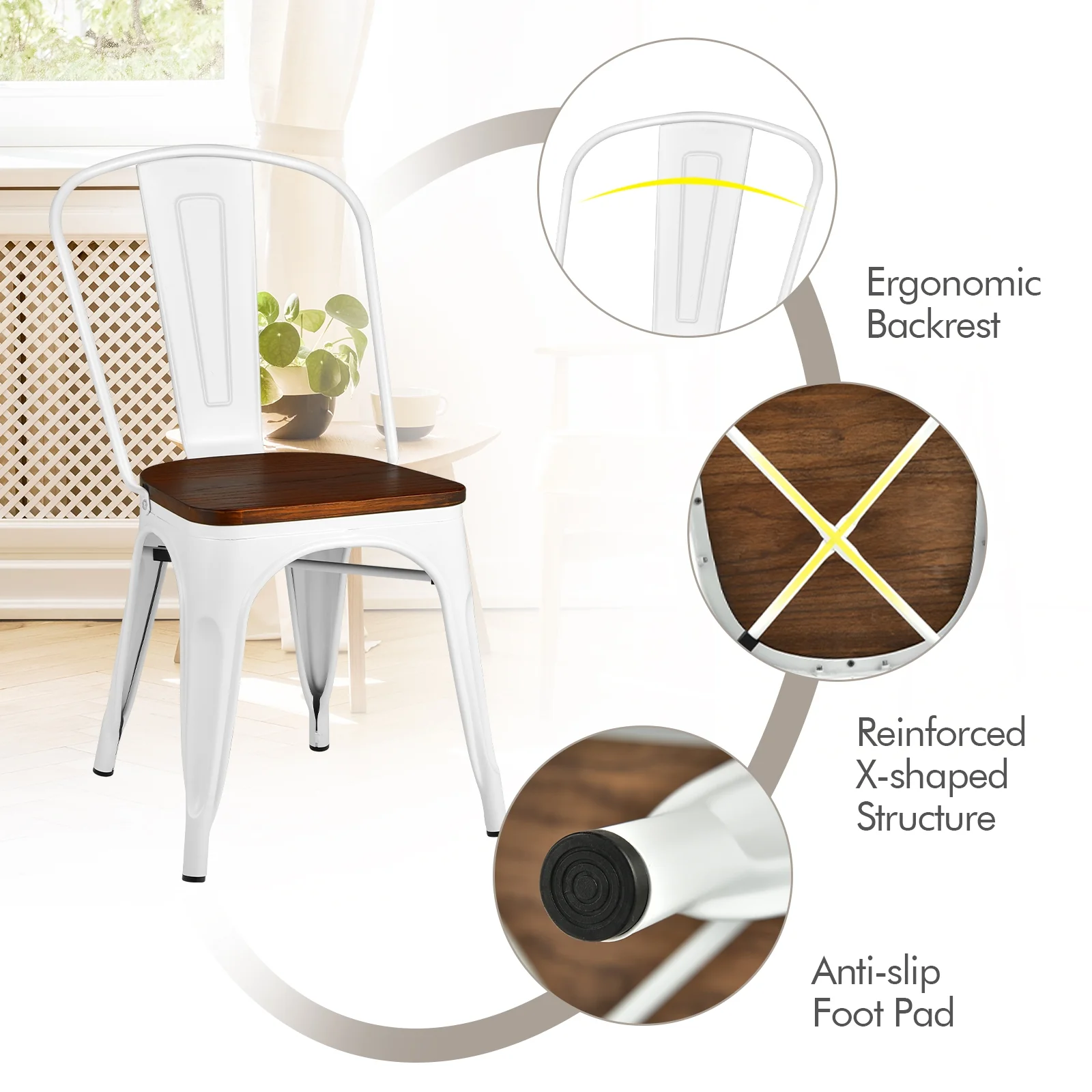 Tolix Style Metal Dining Chairs, Set of 4, Wood Seat, White - Image 6