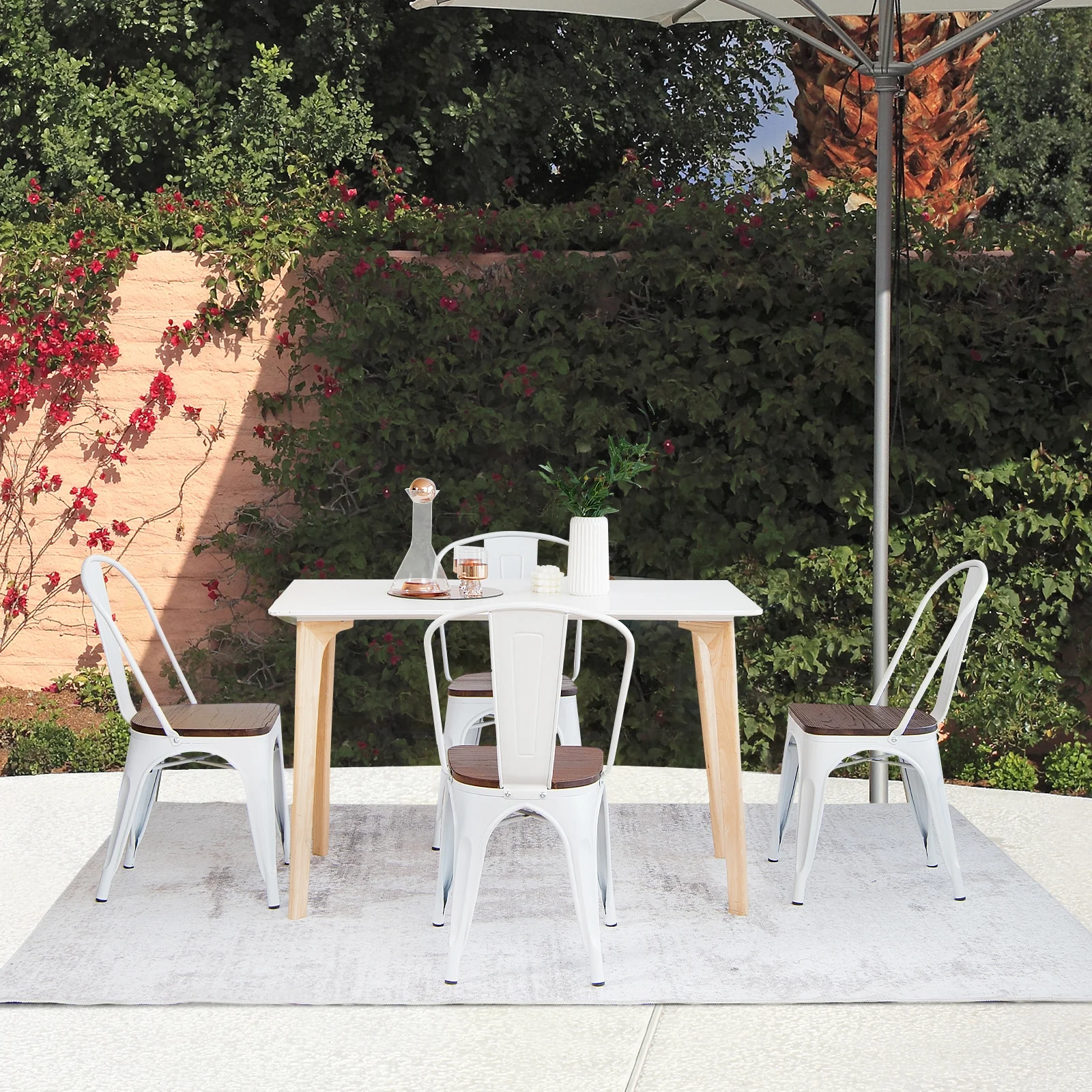 Tolix Style Metal Dining Chairs, Set of 4, Wood Seat, White - Image 7