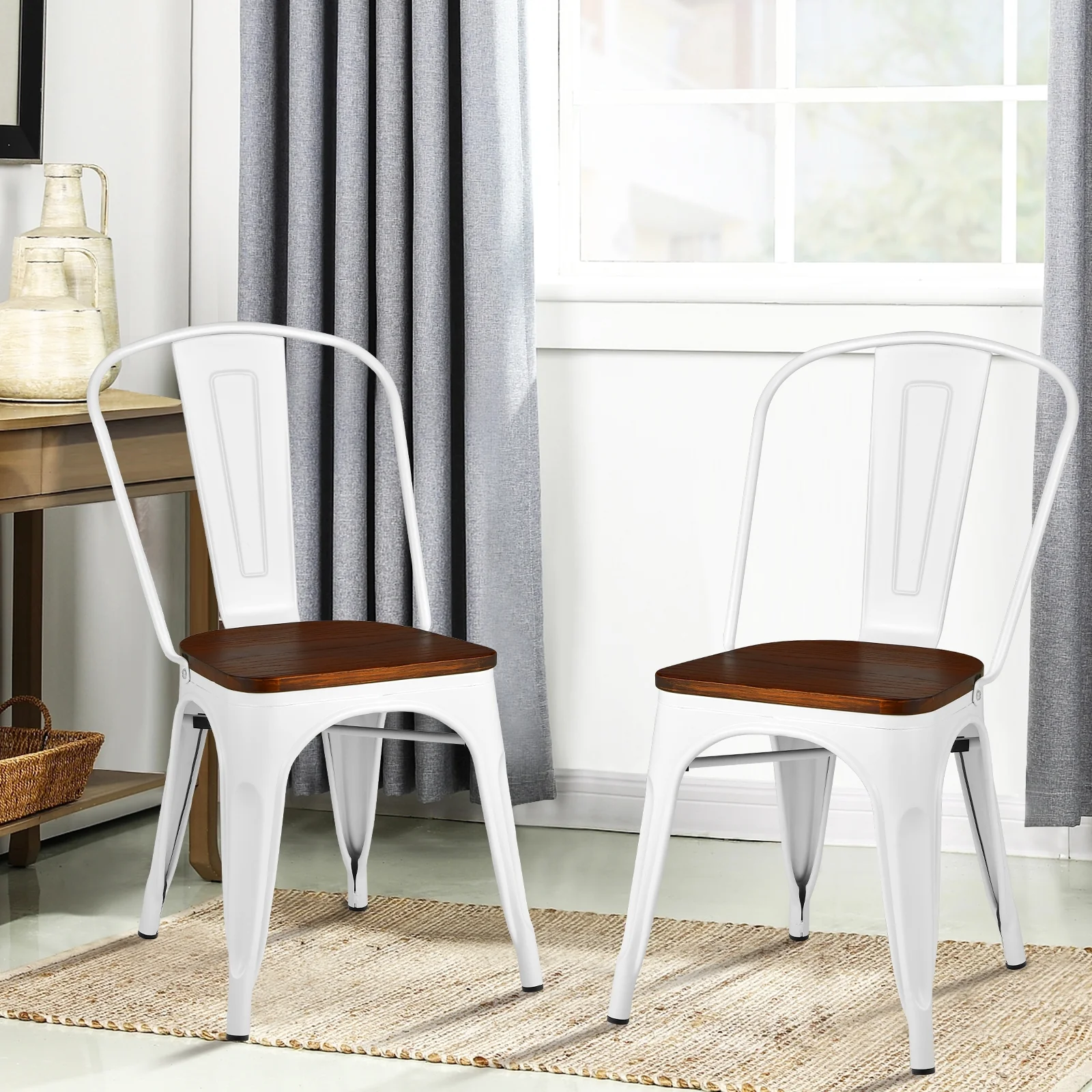 Tolix Style Metal Dining Chairs, Set of 4, Wood Seat, White - Image 8