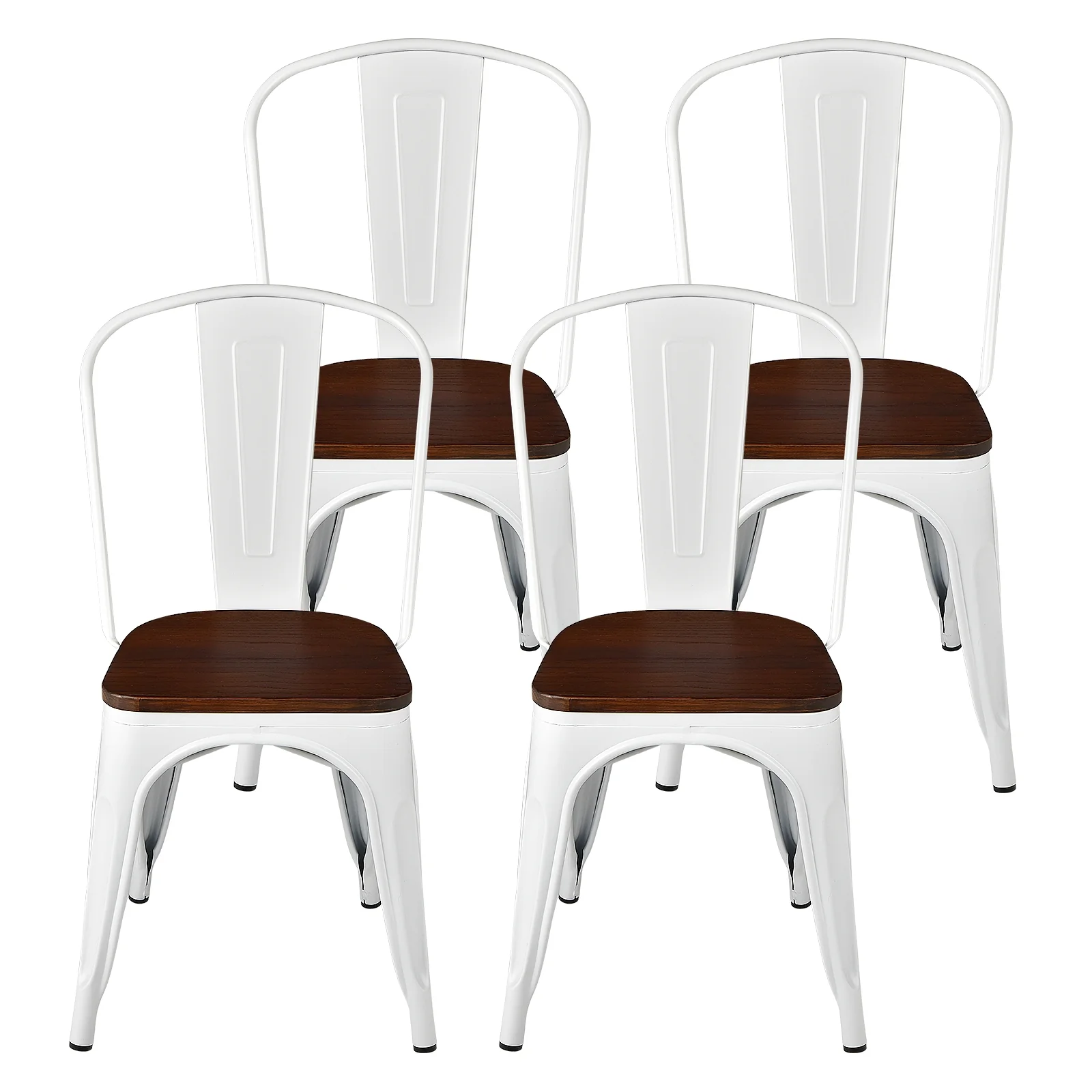Tolix Style Metal Dining Chairs, Set of 4, Wood Seat, White - Image 9