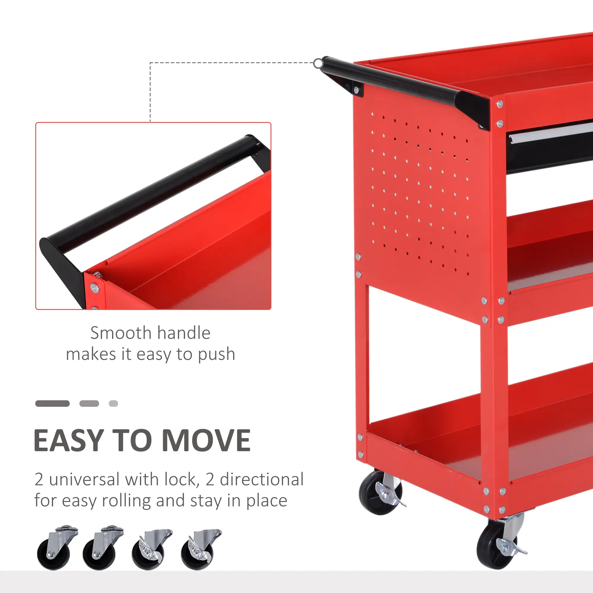 Tool Cart on Wheels, Ball Bearing Drawer, Storage Trays, Red - Image 4