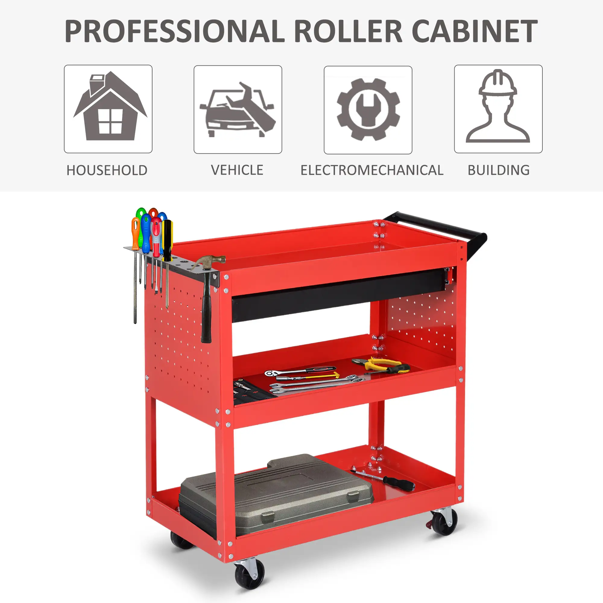 Tool Cart on Wheels, Ball Bearing Drawer, Storage Trays, Red - Image 7
