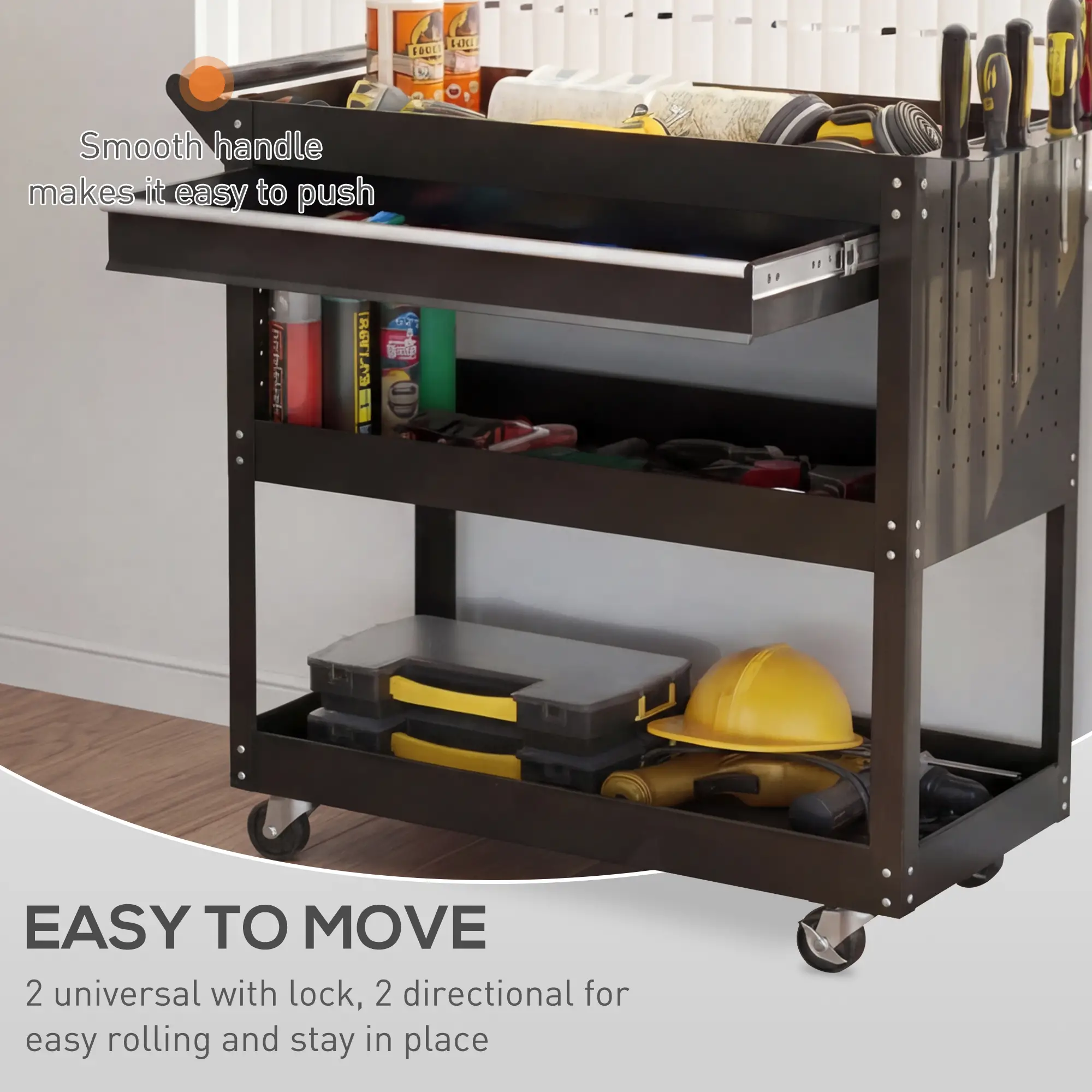Tool Cart On Wheels, Utility Cart, Ball Bearing Drawer, Black - Image 4