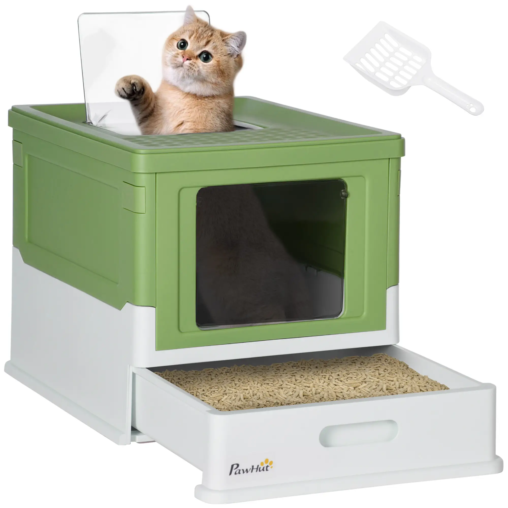 Top Entry Enclosed Kitty Litter Box, Scoop, Tray, Large, Foldable, Dark Green - Image 11