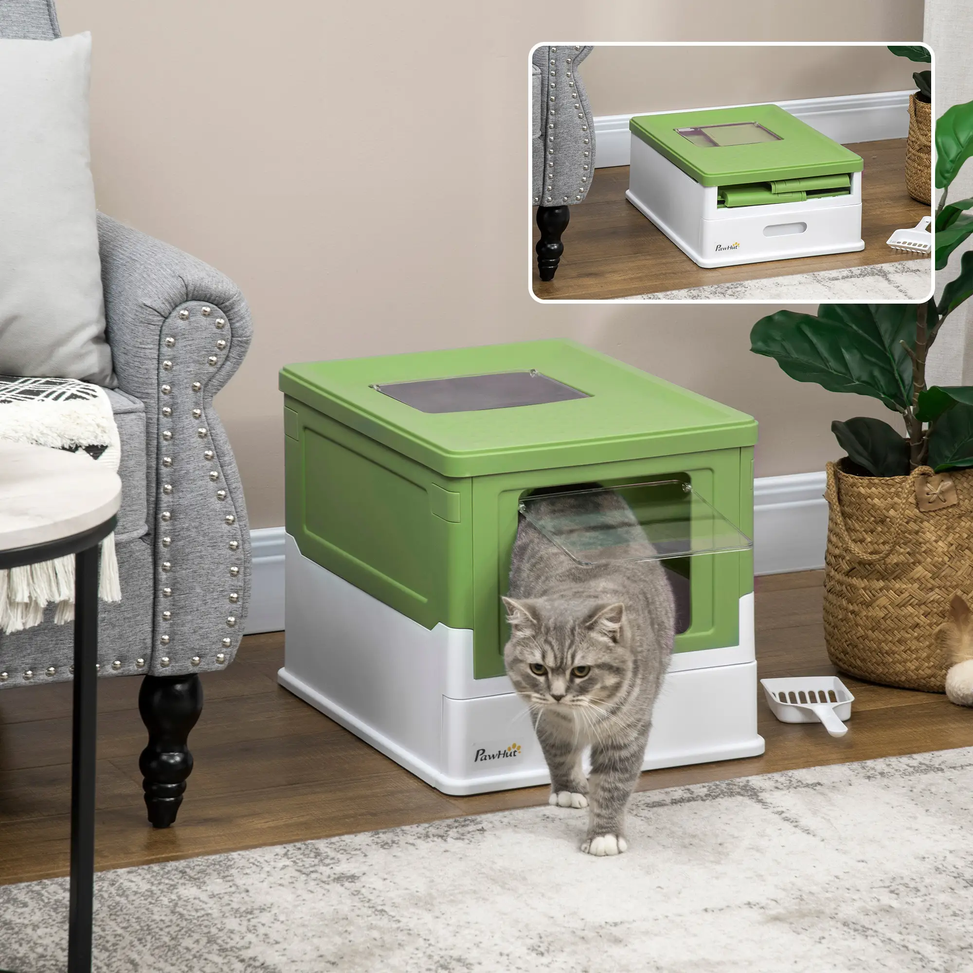 Top Entry Enclosed Kitty Litter Box, Scoop, Tray, Large, Foldable, Dark Green - Image 2