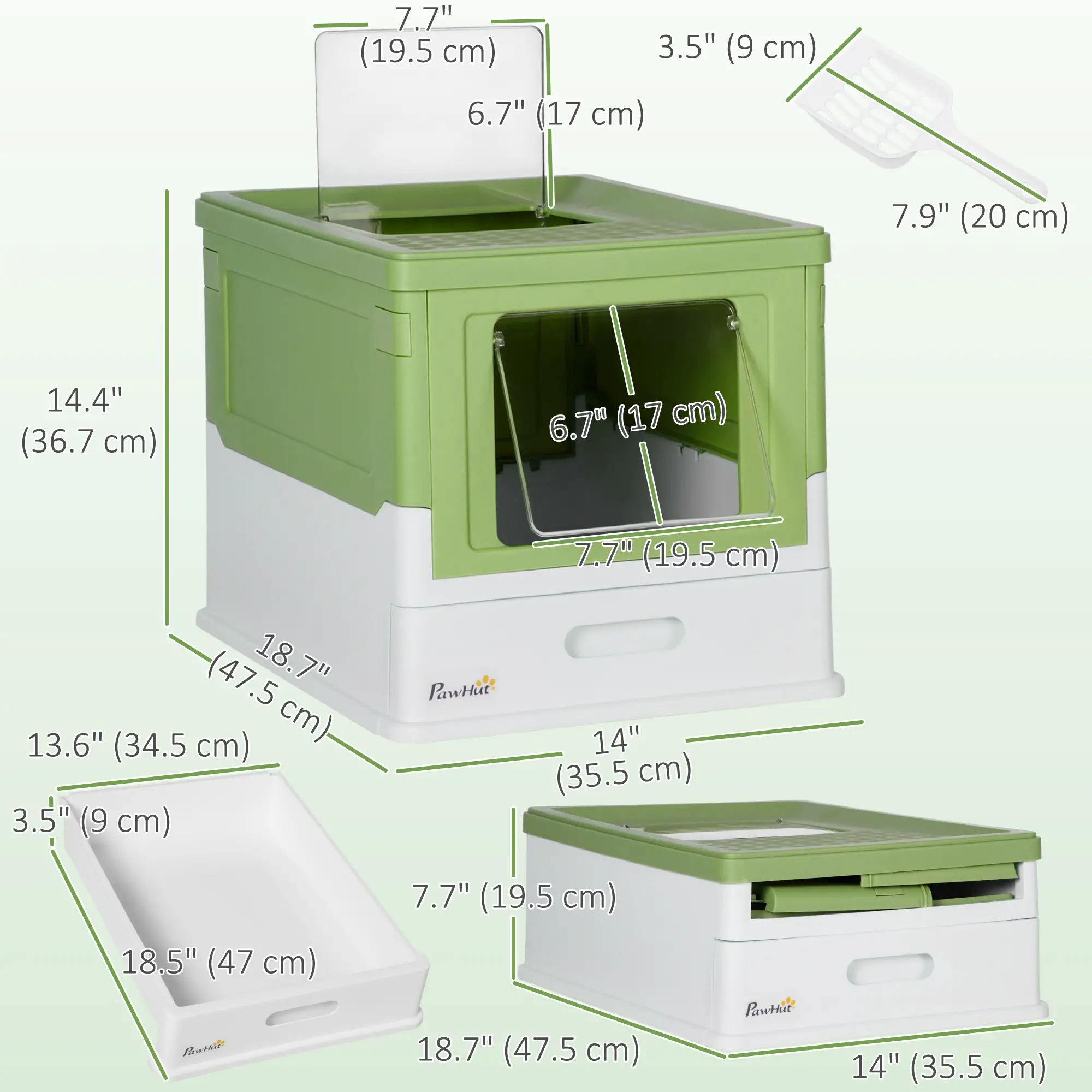 Top Entry Enclosed Kitty Litter Box, Scoop, Tray, Large, Foldable, Dark Green - Image 3