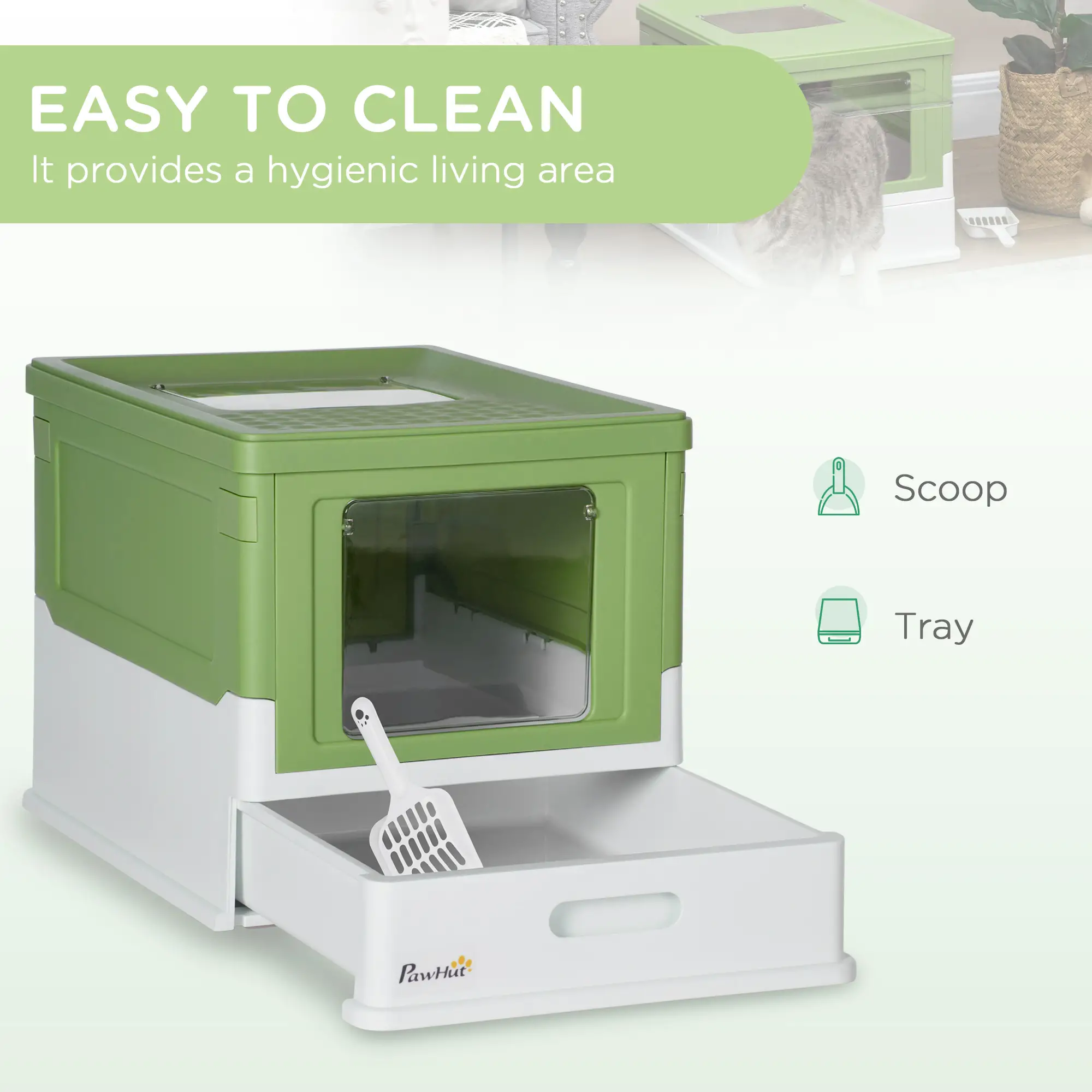 Top Entry Enclosed Kitty Litter Box, Scoop, Tray, Large, Foldable, Dark Green - Image 5