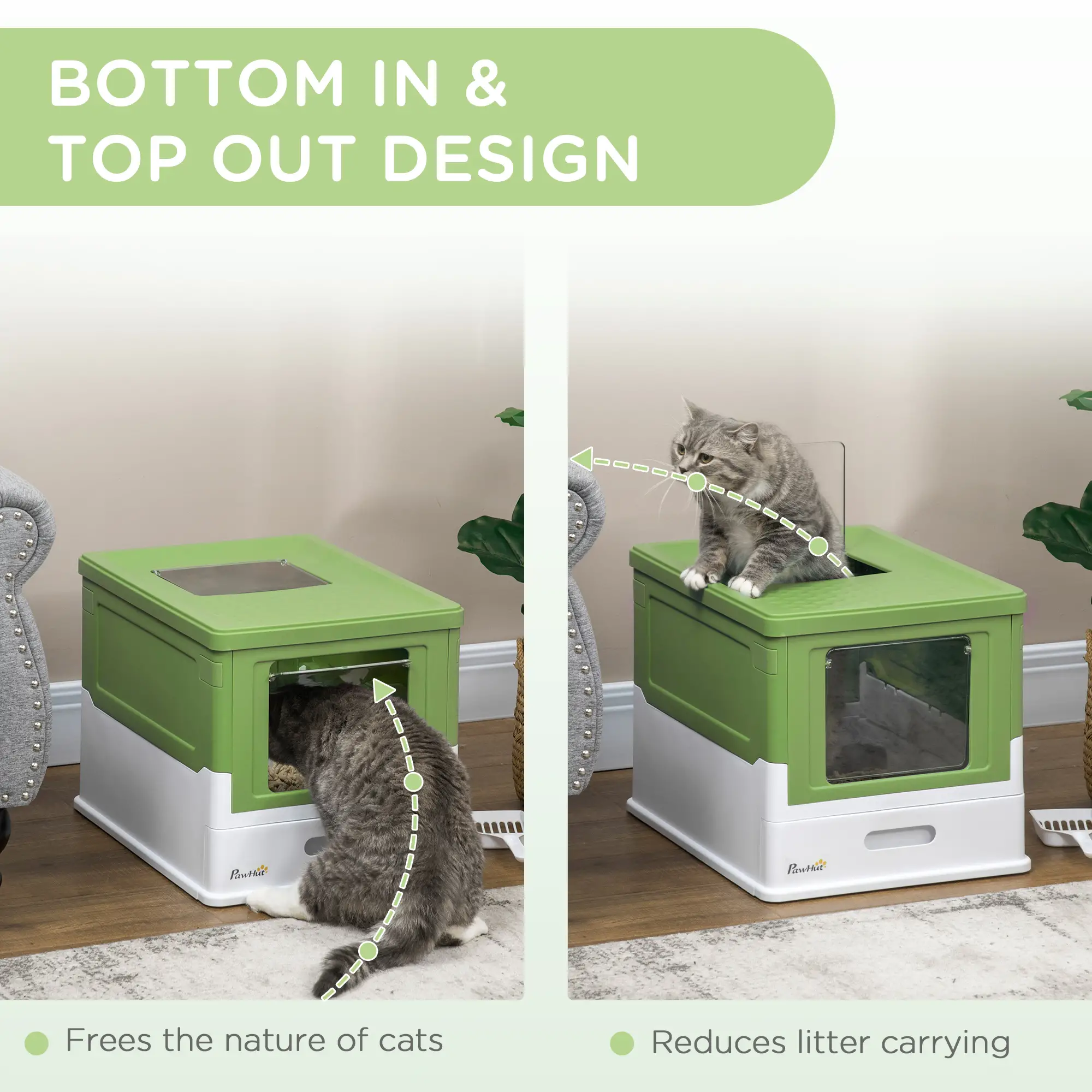 Top Entry Enclosed Kitty Litter Box, Scoop, Tray, Large, Foldable, Dark Green - Image 6