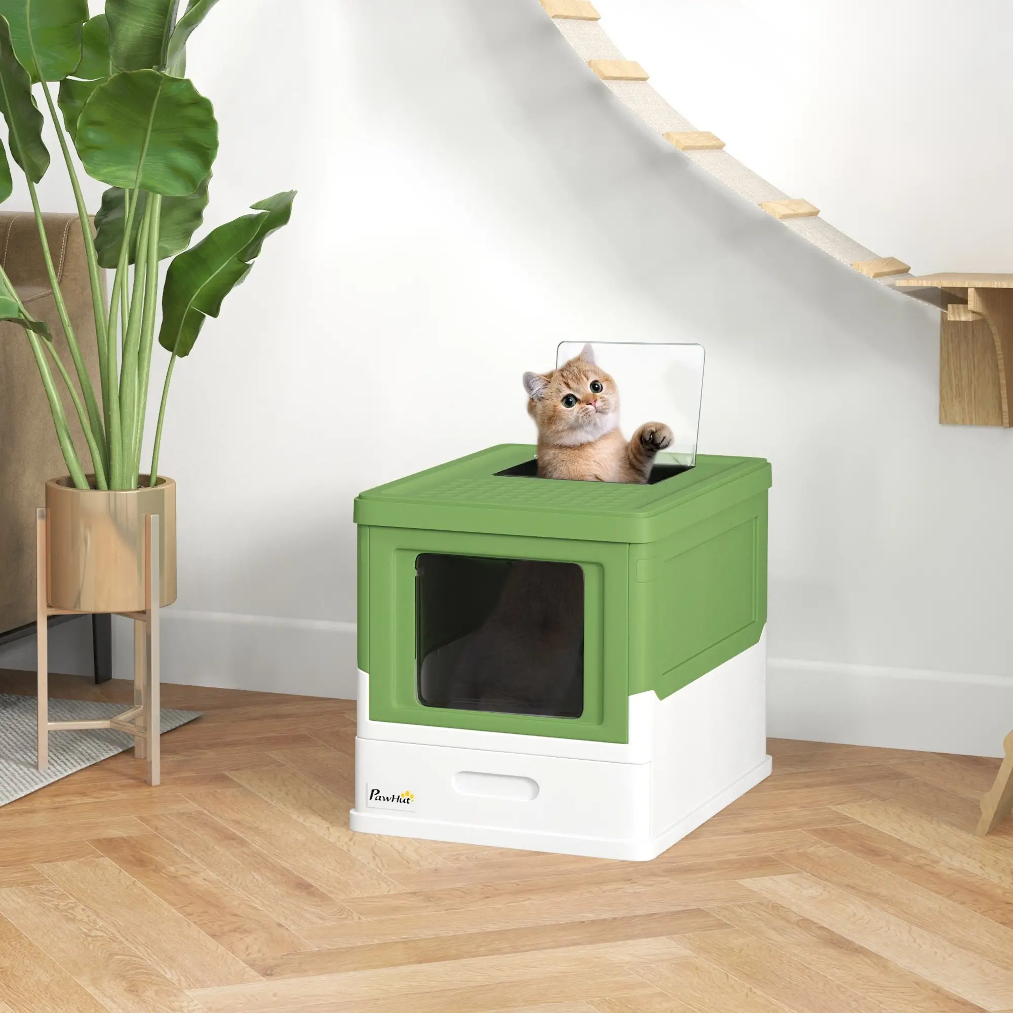 Top Entry Enclosed Kitty Litter Box, Scoop, Tray, Large, Foldable, Dark Green - Image 8