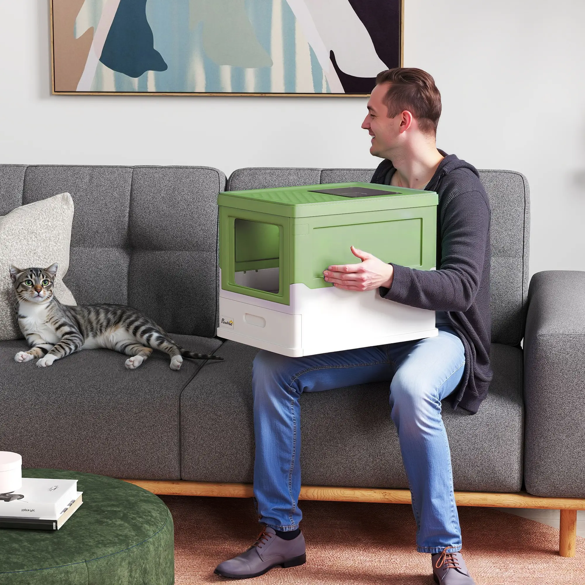 Top Entry Enclosed Kitty Litter Box, Scoop, Tray, Large, Foldable, Dark Green - Image 9