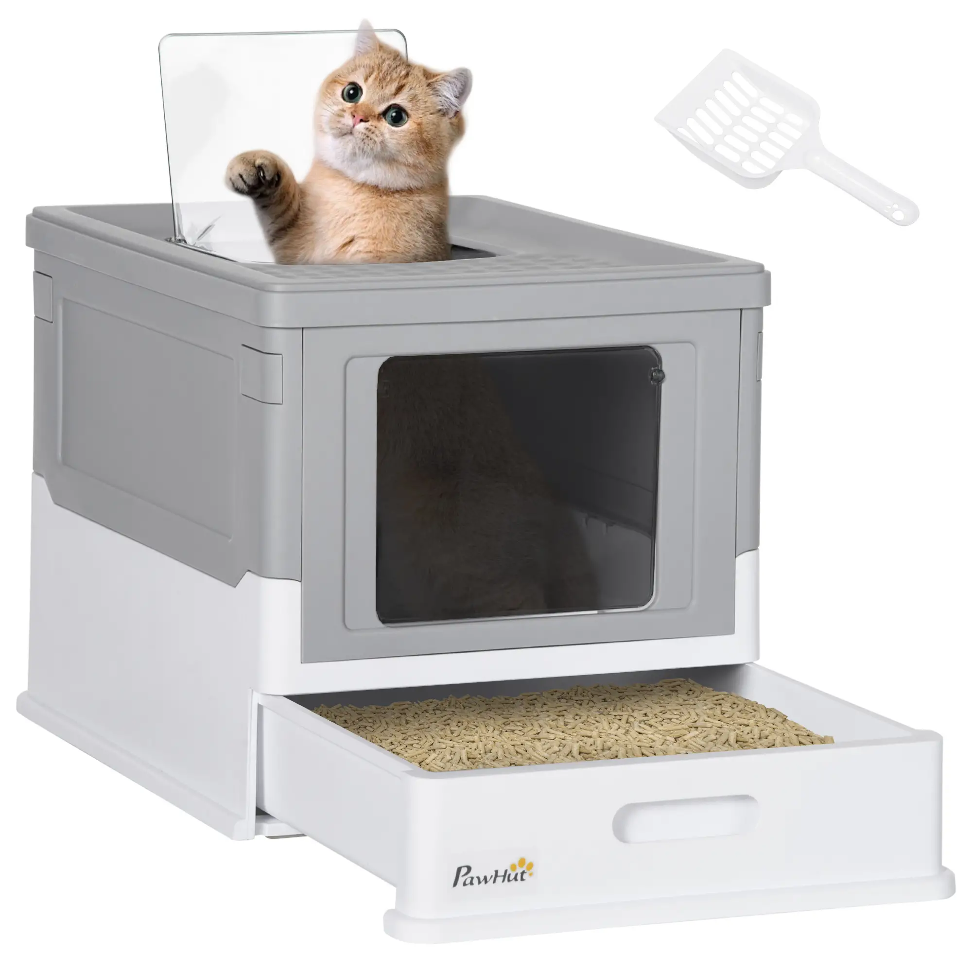 Top Entry Enclosed Kitty Litter Box with Scoop, Tray, Large, Grey - Image 11