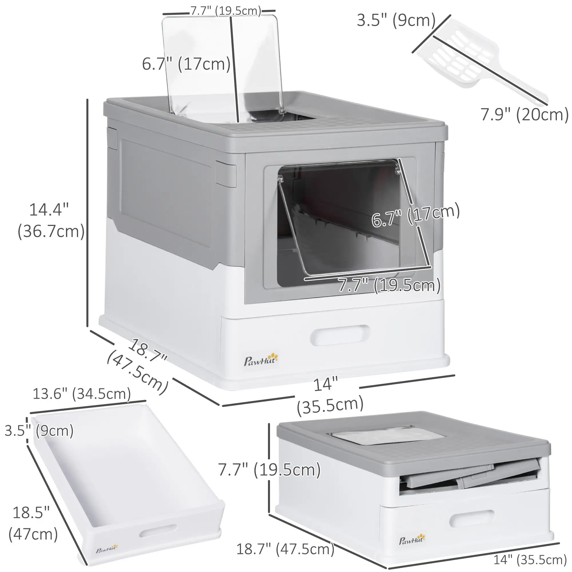 Top Entry Enclosed Kitty Litter Box with Scoop, Tray, Large, Grey - Image 3