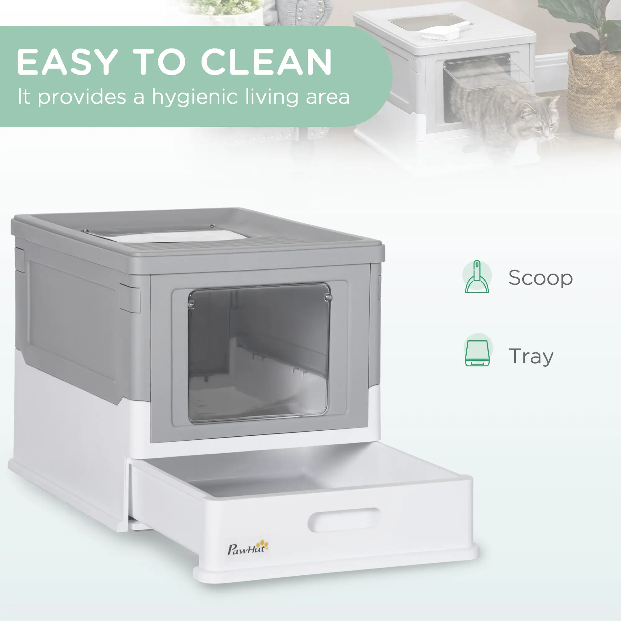 Top Entry Enclosed Kitty Litter Box with Scoop, Tray, Large, Grey - Image 5