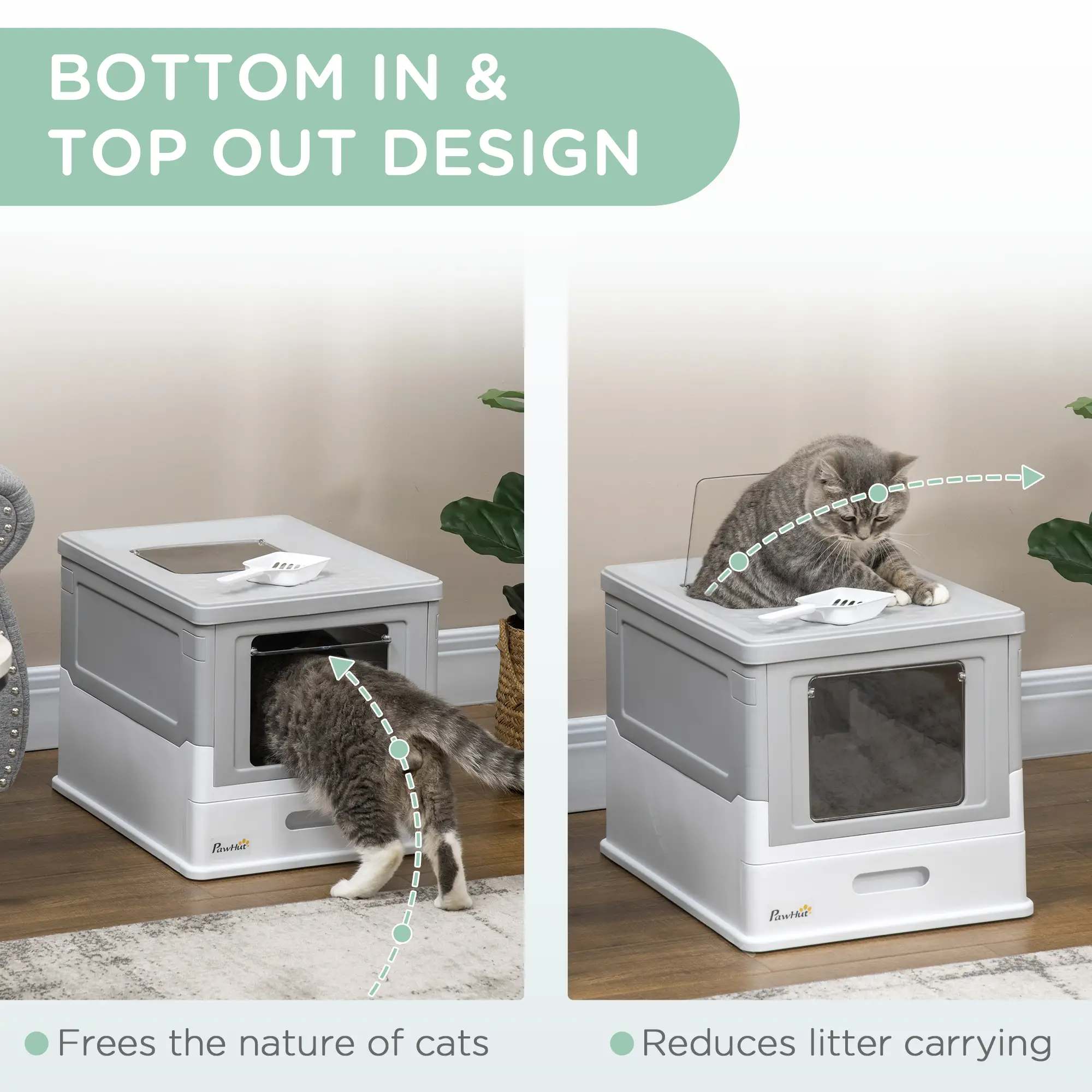 Top Entry Enclosed Kitty Litter Box with Scoop, Tray, Large, Grey - Image 6