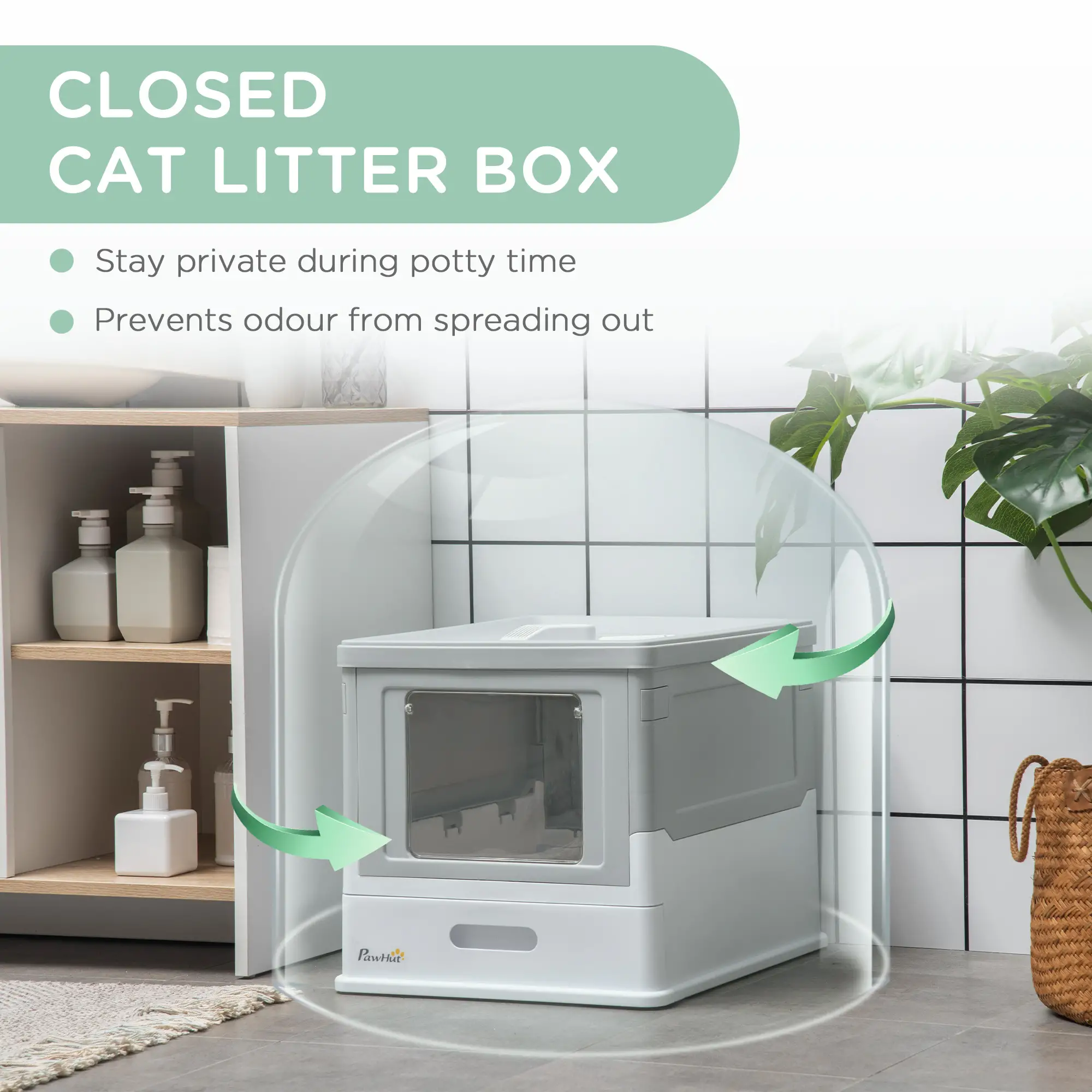 Top Entry Enclosed Kitty Litter Box with Scoop, Tray, Large, Grey - Image 7