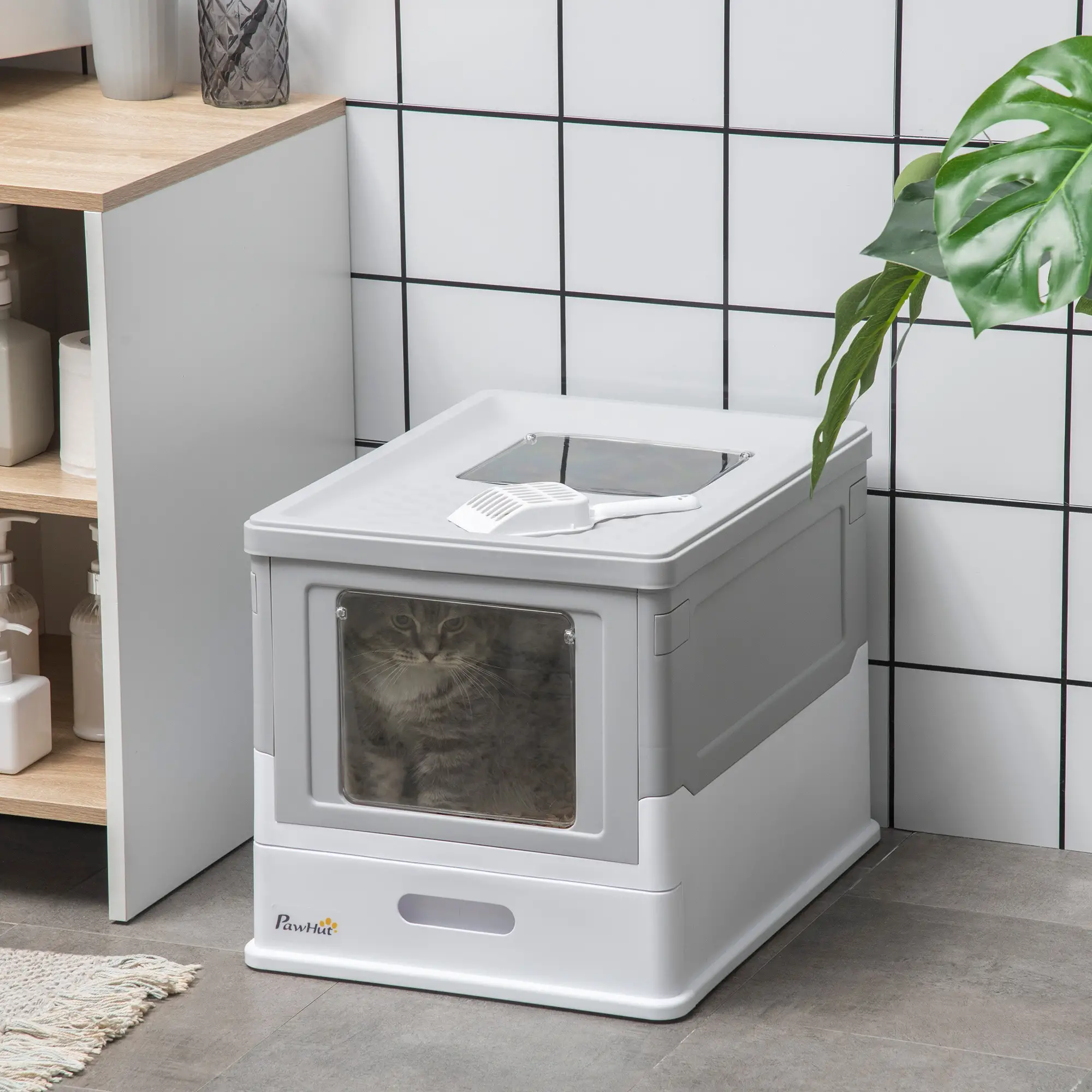 Top Entry Enclosed Kitty Litter Box with Scoop, Tray, Large, Grey - Image 8