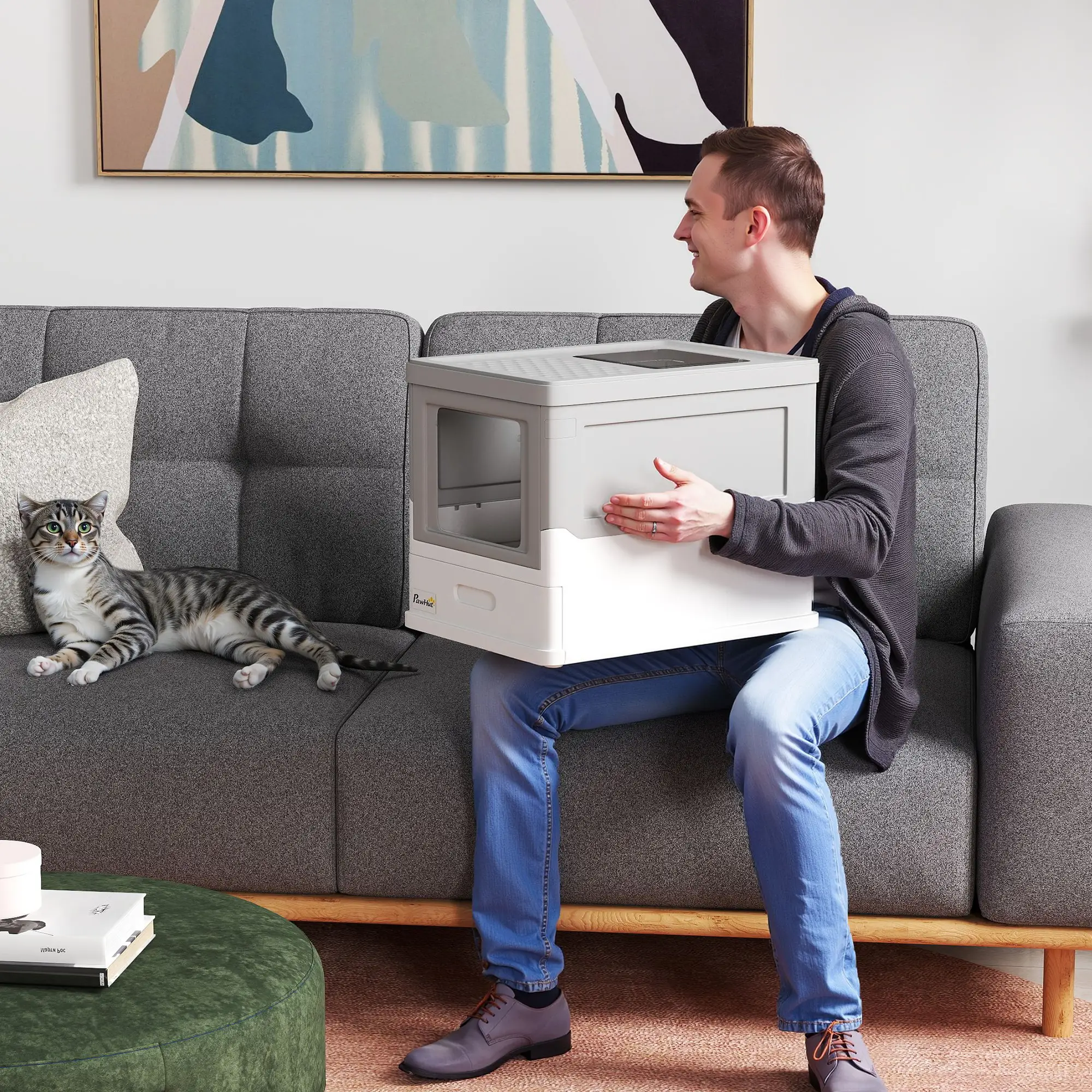 Top Entry Enclosed Kitty Litter Box with Scoop, Tray, Large, Grey - Image 9