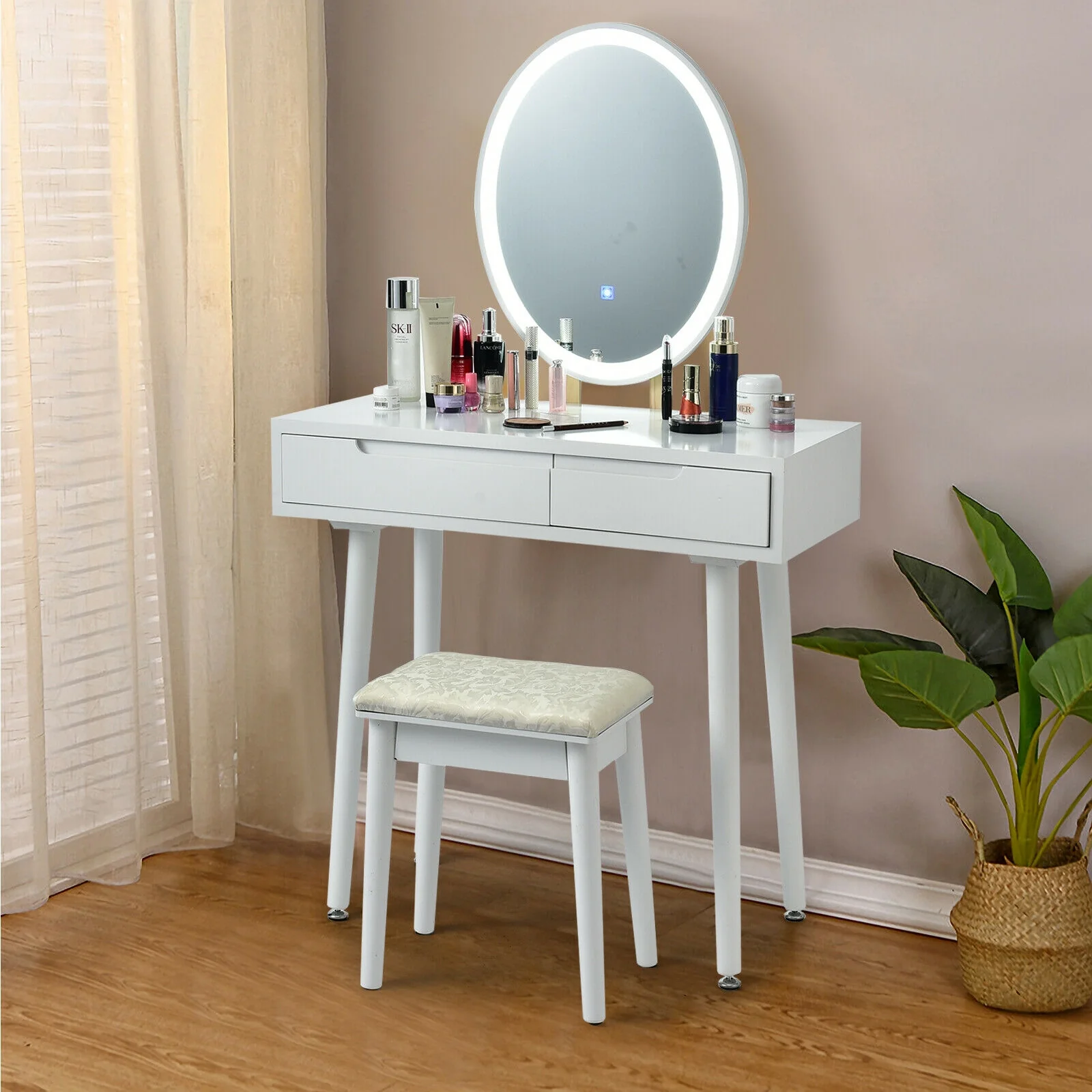 Touch Screen Vanity Makeup Table Stool Set, White - Image 2