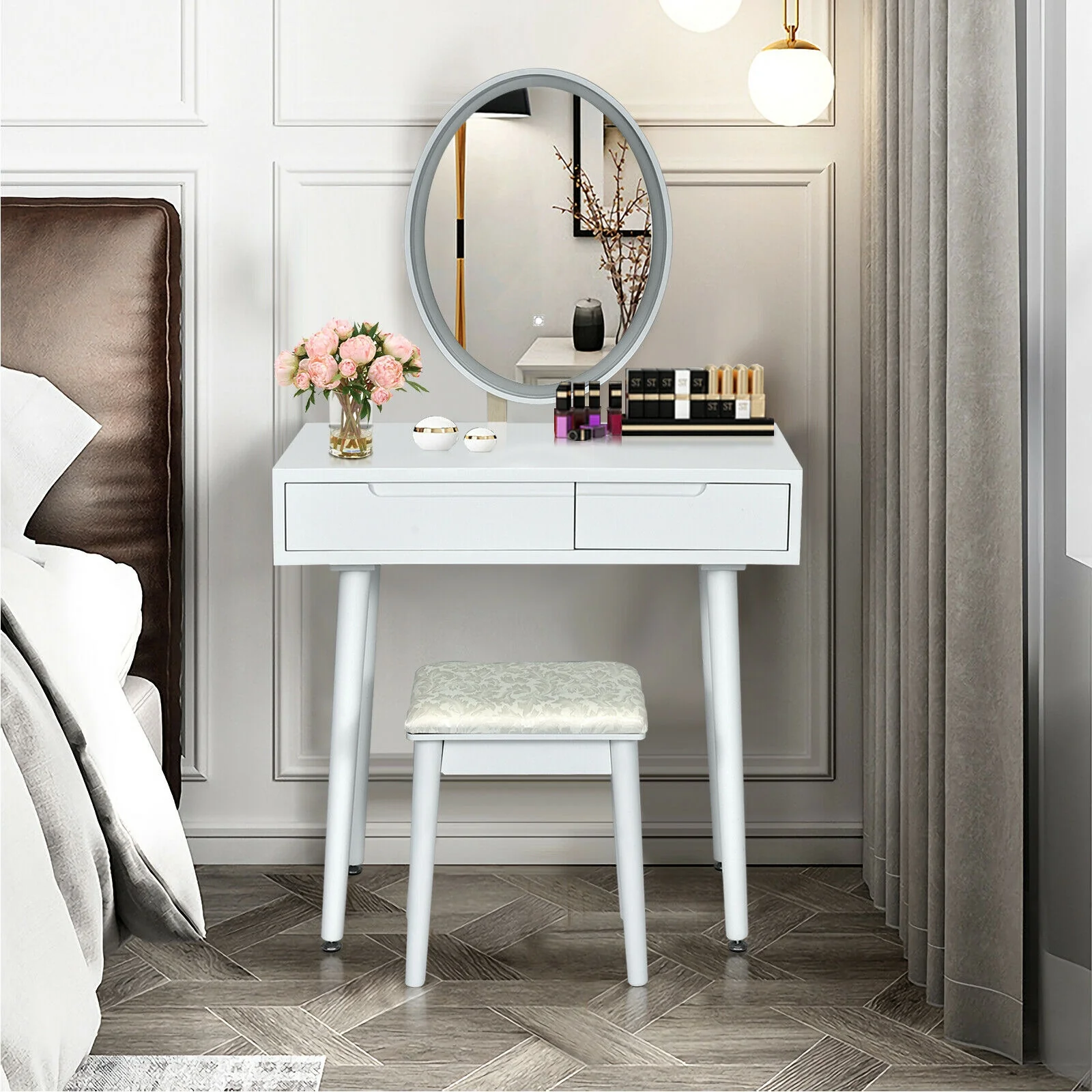 Touch Screen Vanity Makeup Table Stool Set, White - Image 3