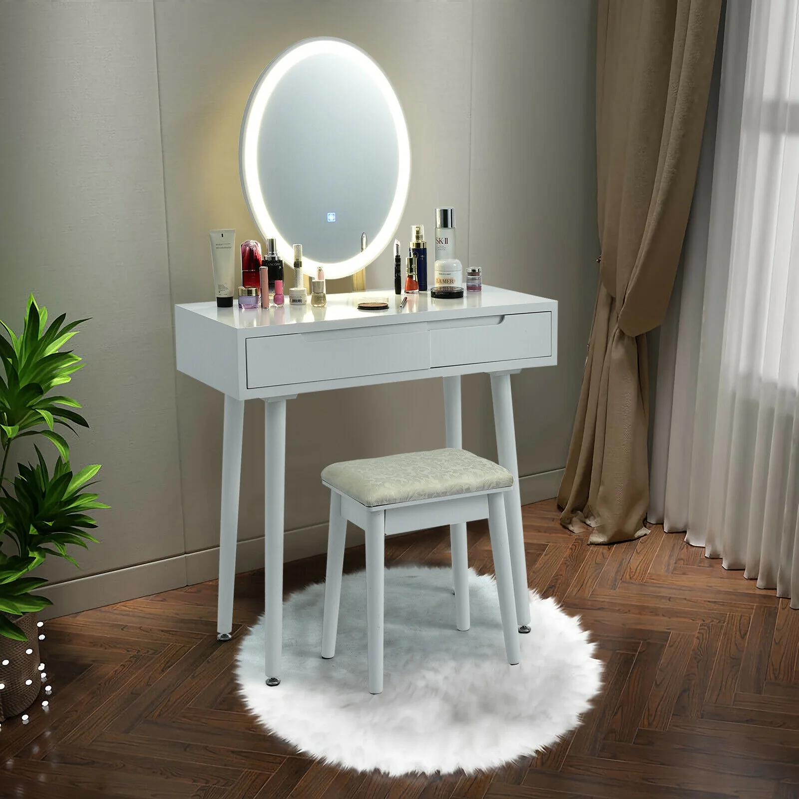 Touch Screen Vanity Makeup Table Stool Set, White - Image 7