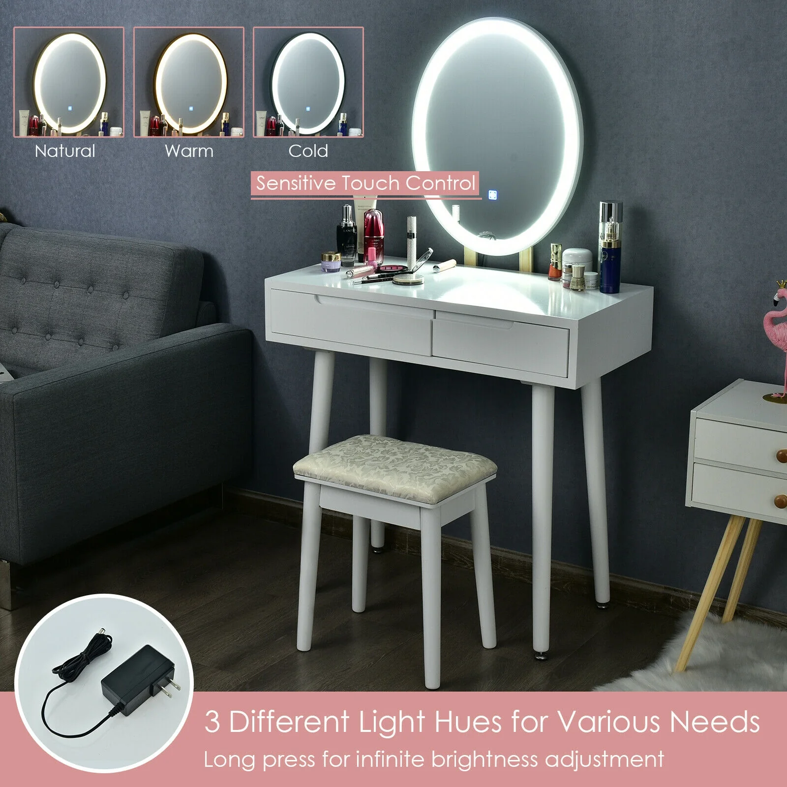 Touch Screen Vanity Makeup Table Stool Set, White - Image 9