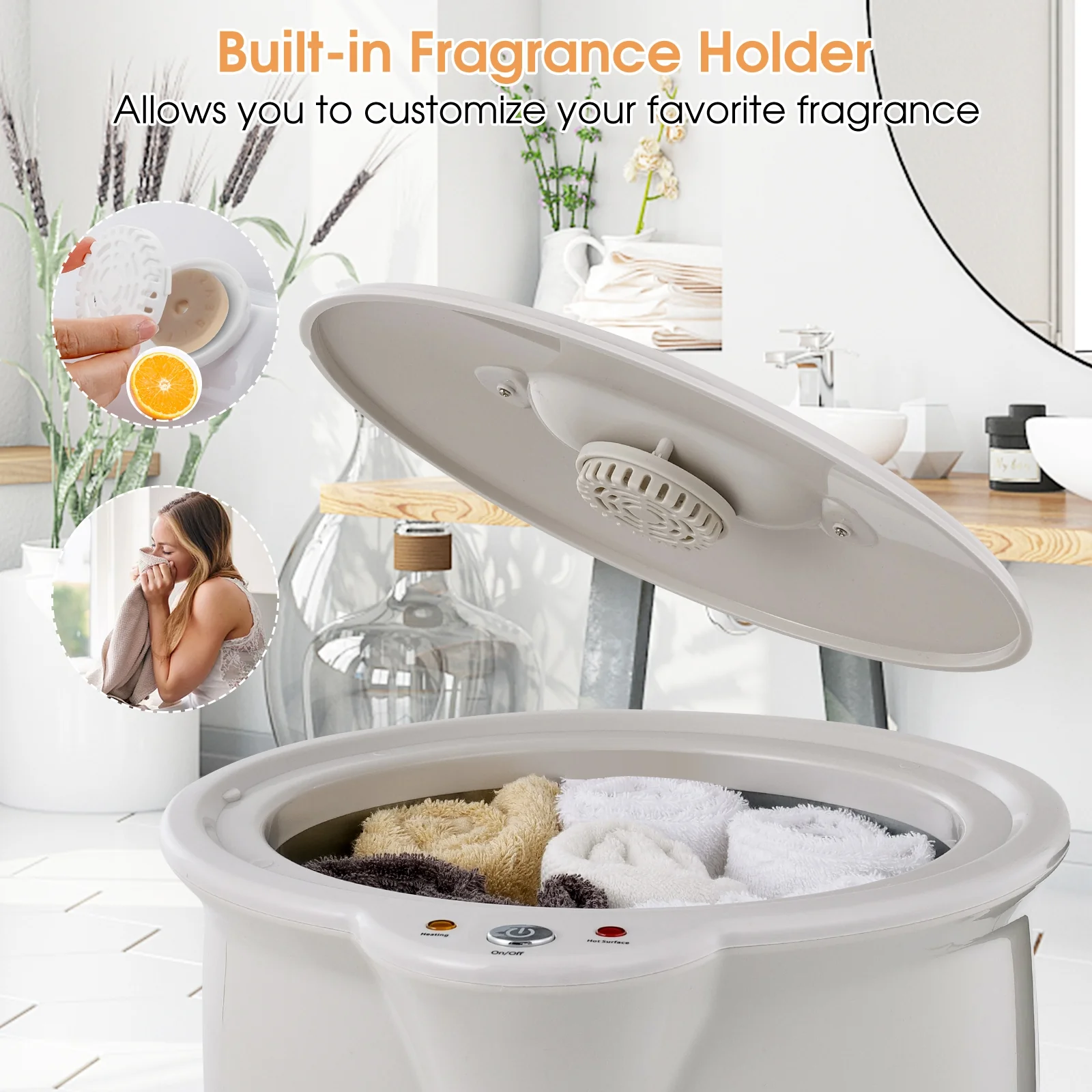 Towel Warmer Bucket With Fragrance Holder, Auto Shut, Gray - Image 10