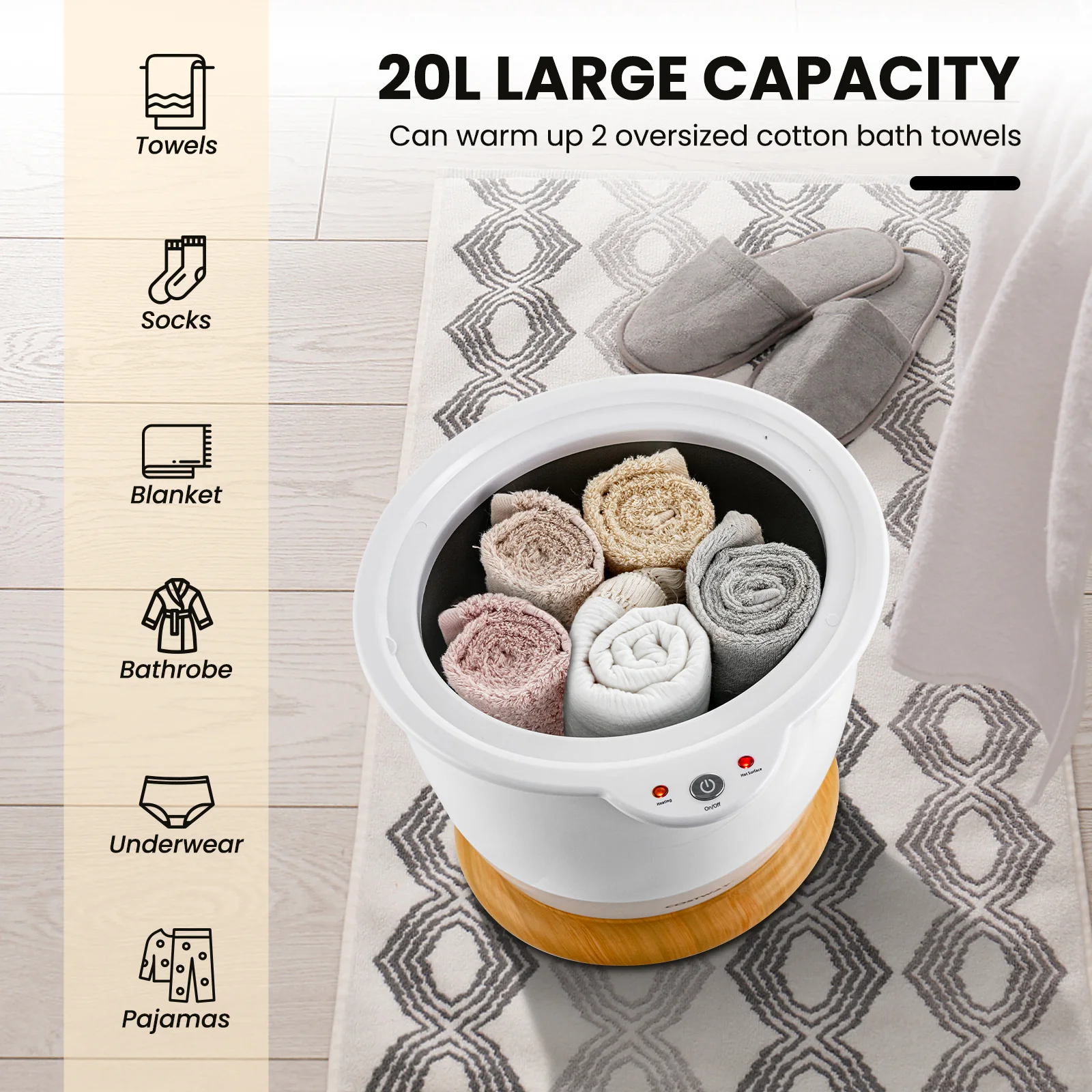 Towel Warmer Bucket With Fragrance Holder, Auto Shut, White - Image 9