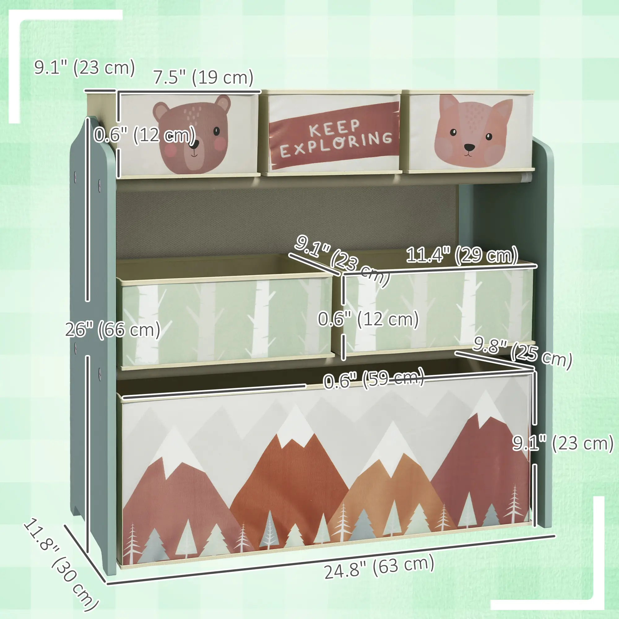 Toy Organizer With 6 Storage Bins, 25" x 12" x 26", Green - Image 3