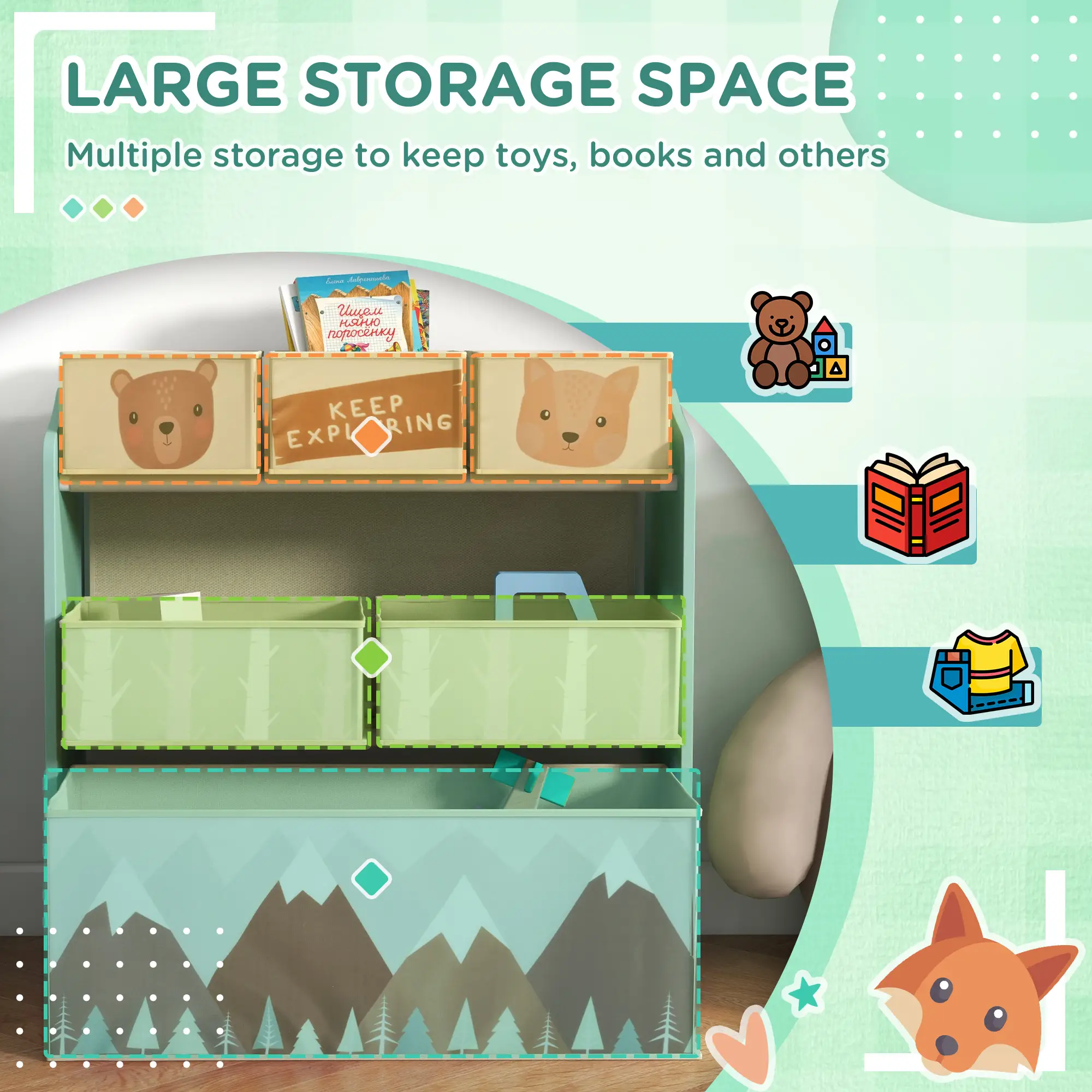 Toy Organizer With 6 Storage Bins, 25" x 12" x 26", Green - Image 4