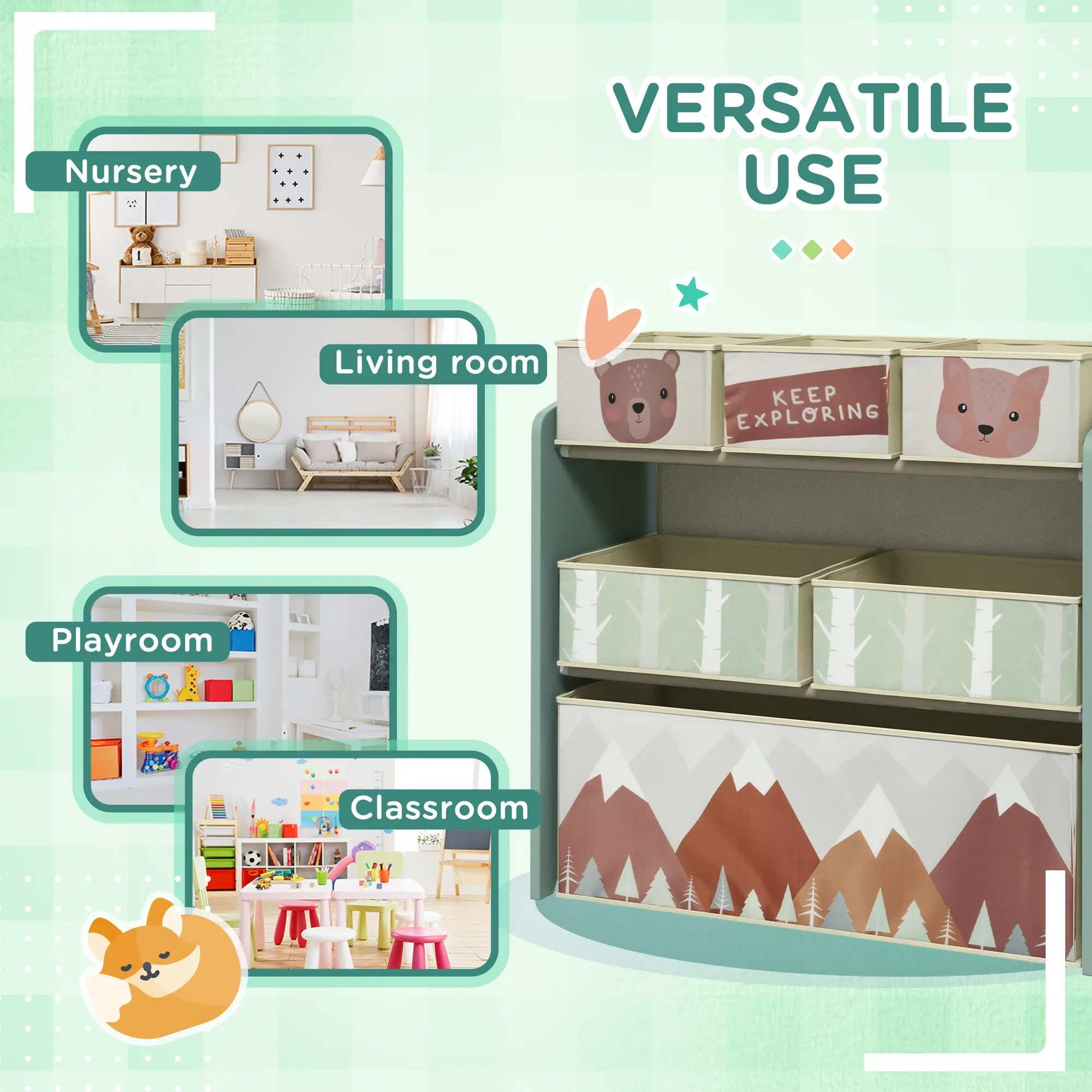 Toy Organizer With 6 Storage Bins, 25" x 12" x 26", Green - Image 6