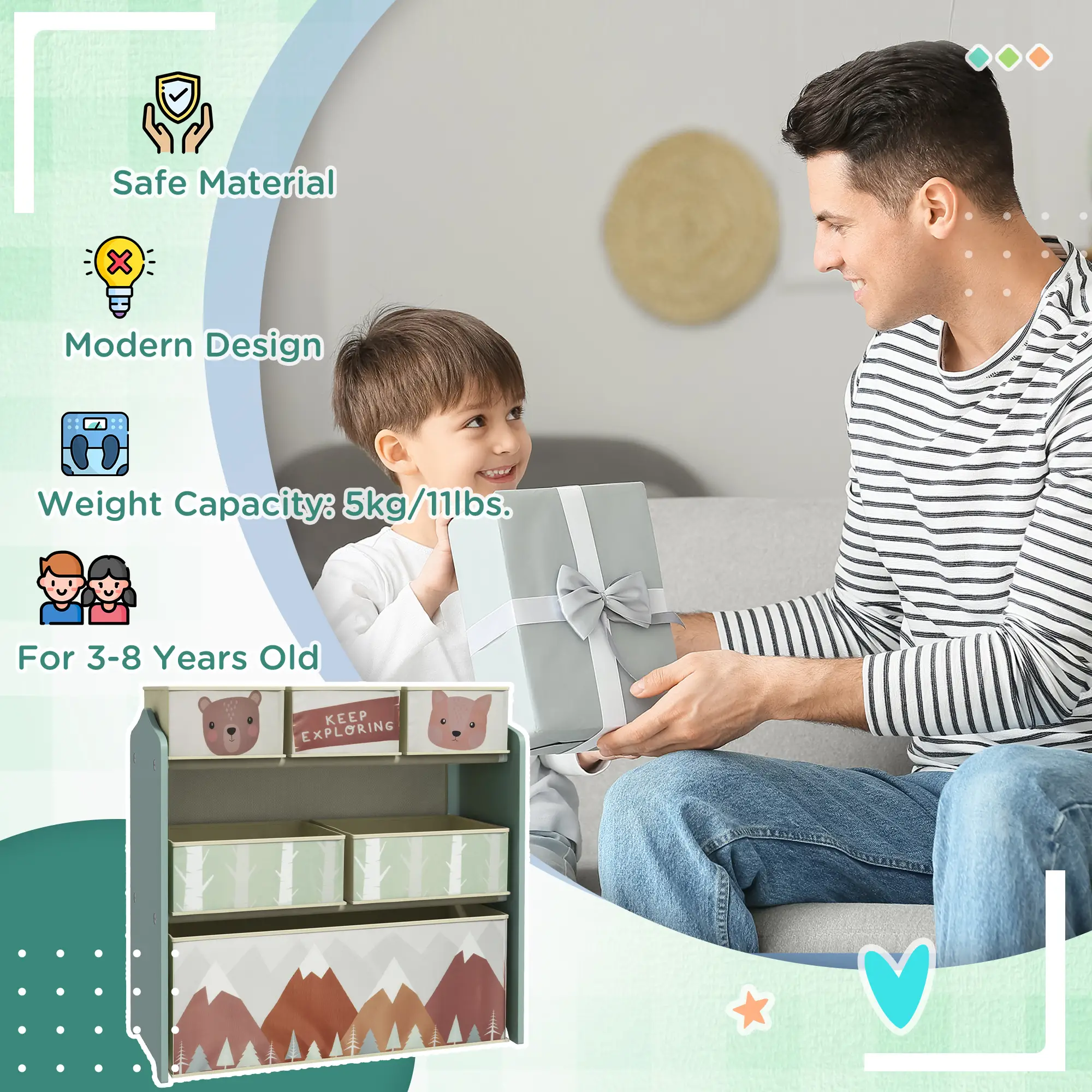 Toy Organizer With 6 Storage Bins, 25" x 12" x 26", Green - Image 7