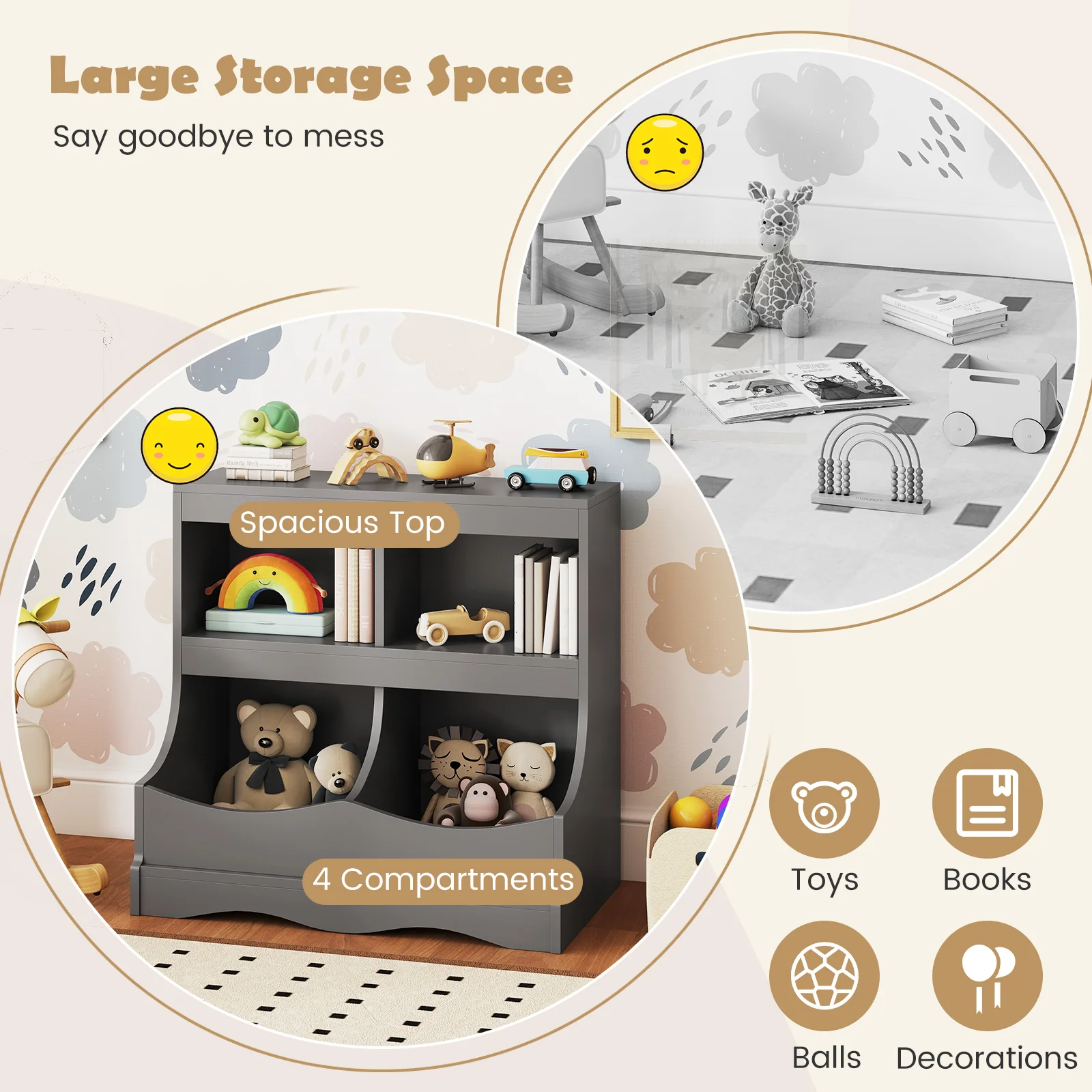 Toy Storage Organizer 4-Cubby Kids Bookcase for Toys and Books, Gray - Image 10