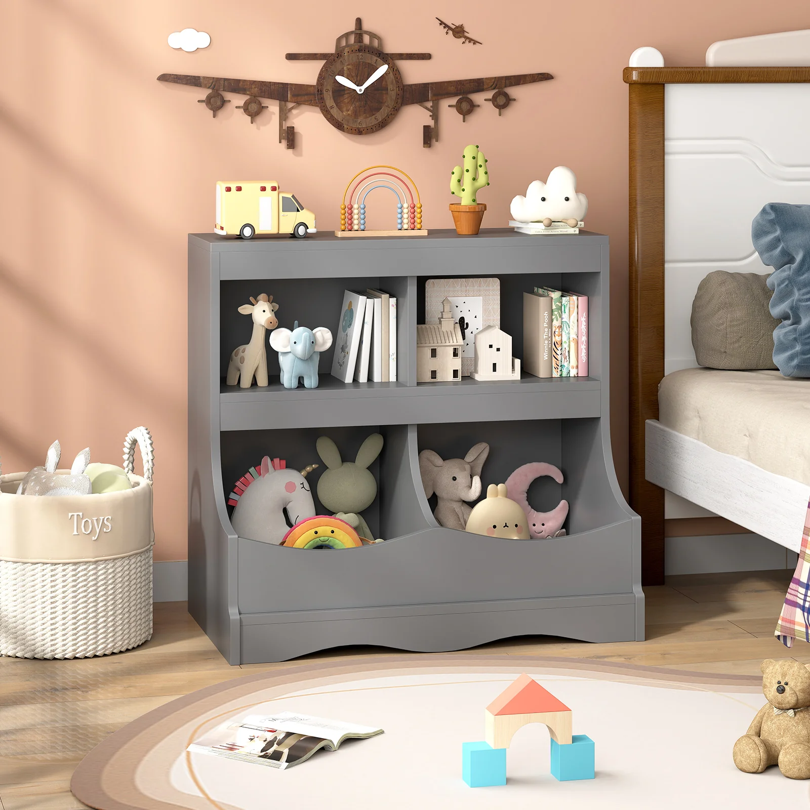 Toy Storage Organizer 4-Cubby Kids Bookcase for Toys and Books, Gray - Image 2