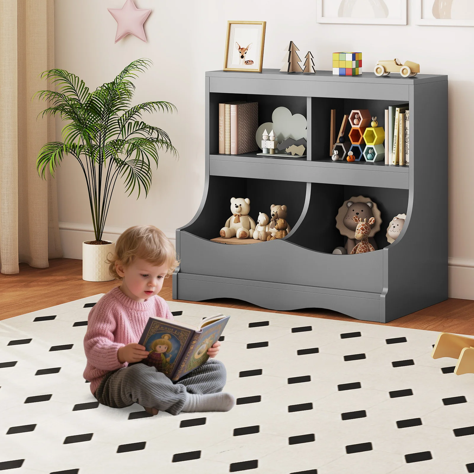 Toy Storage Organizer 4-Cubby Kids Bookcase for Toys and Books, Gray - Image 3