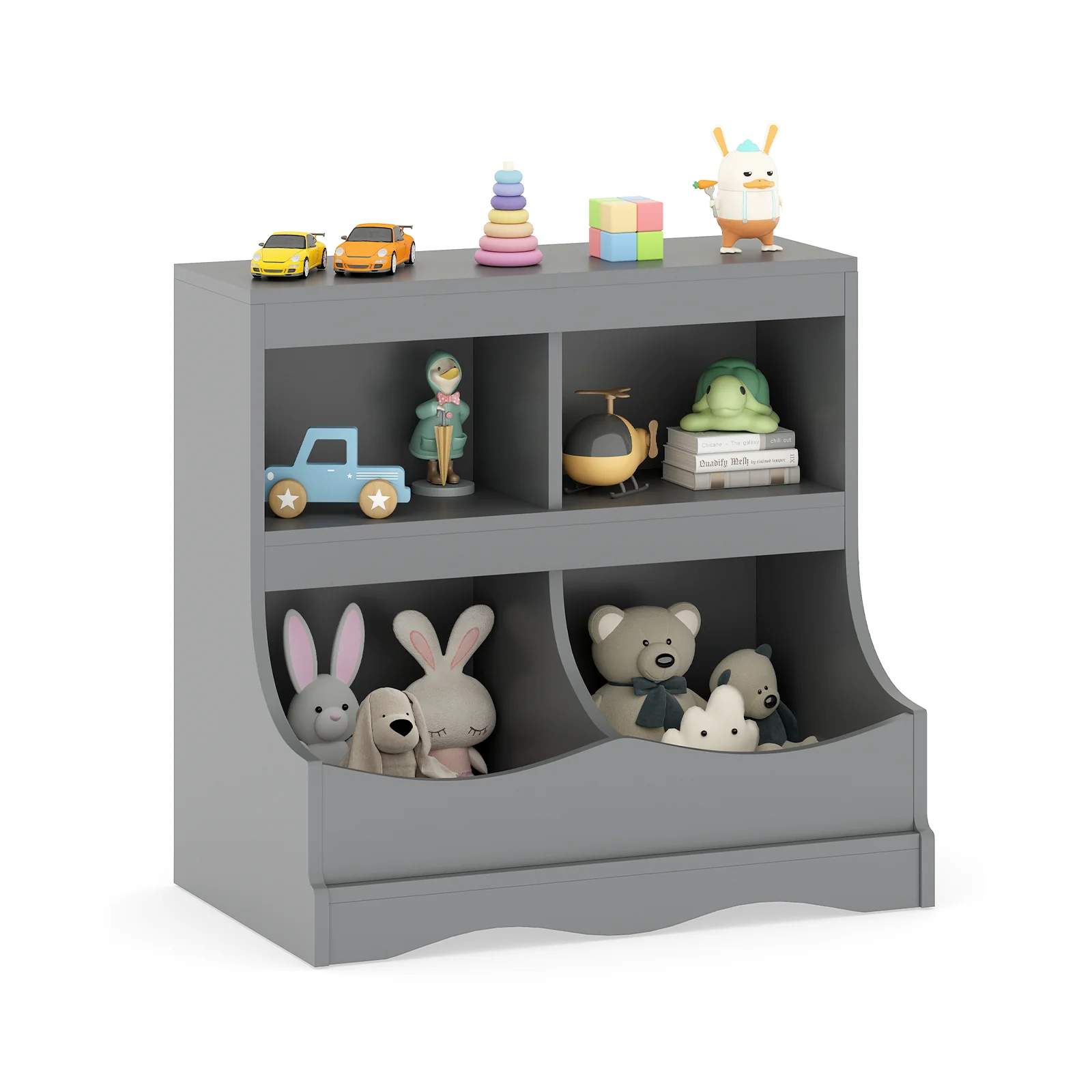 Toy Storage Organizer 4-Cubby Kids Bookcase for Toys and Books, Gray - Image 4