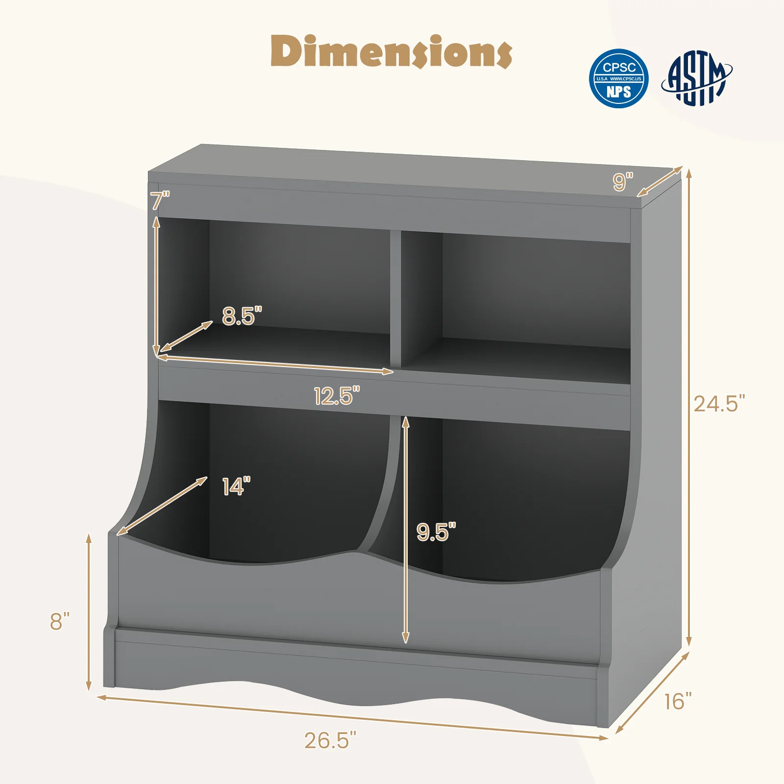 Toy Storage Organizer 4-Cubby Kids Bookcase for Toys and Books, Gray - Image 6