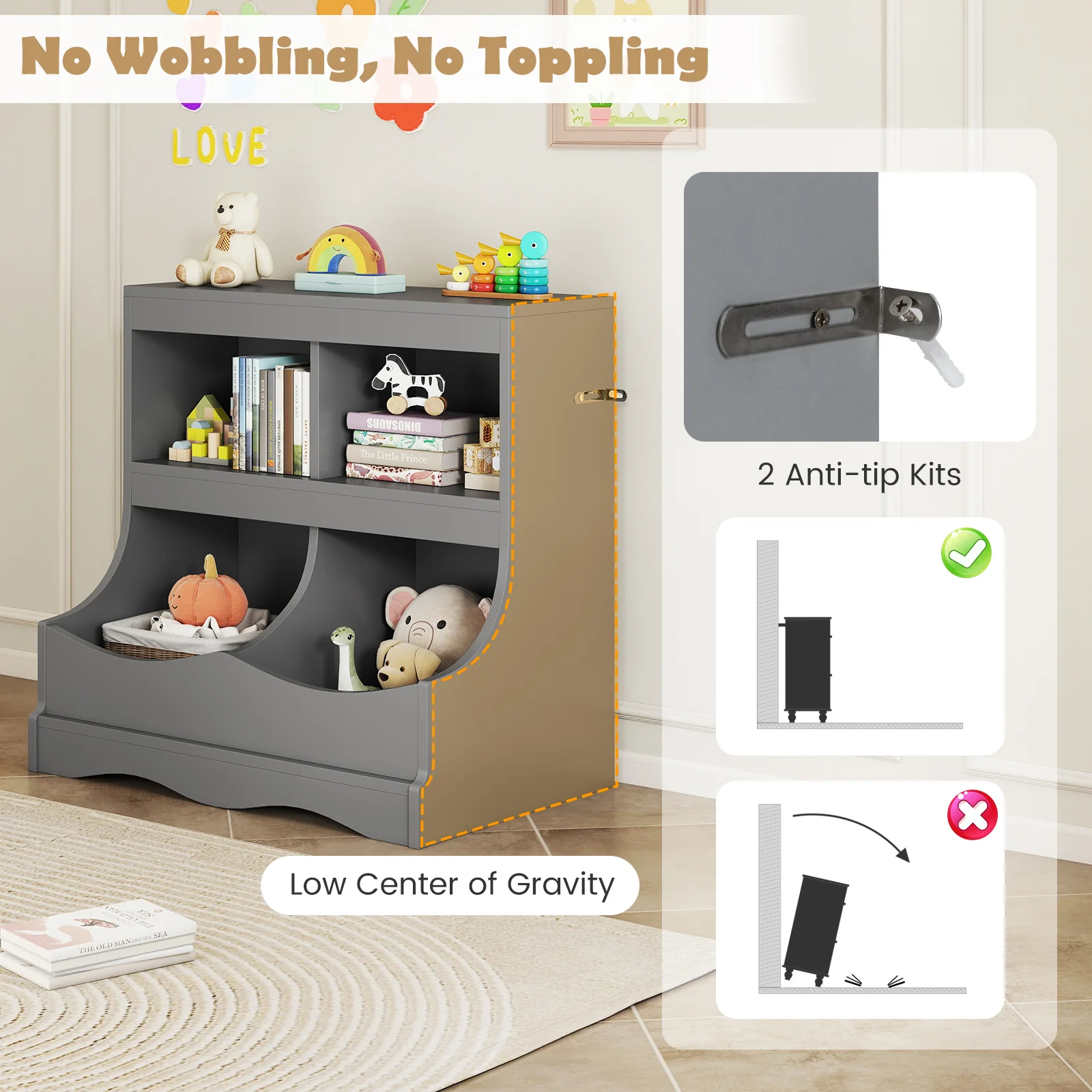 Toy Storage Organizer 4-Cubby Kids Bookcase for Toys and Books, Gray - Image 7