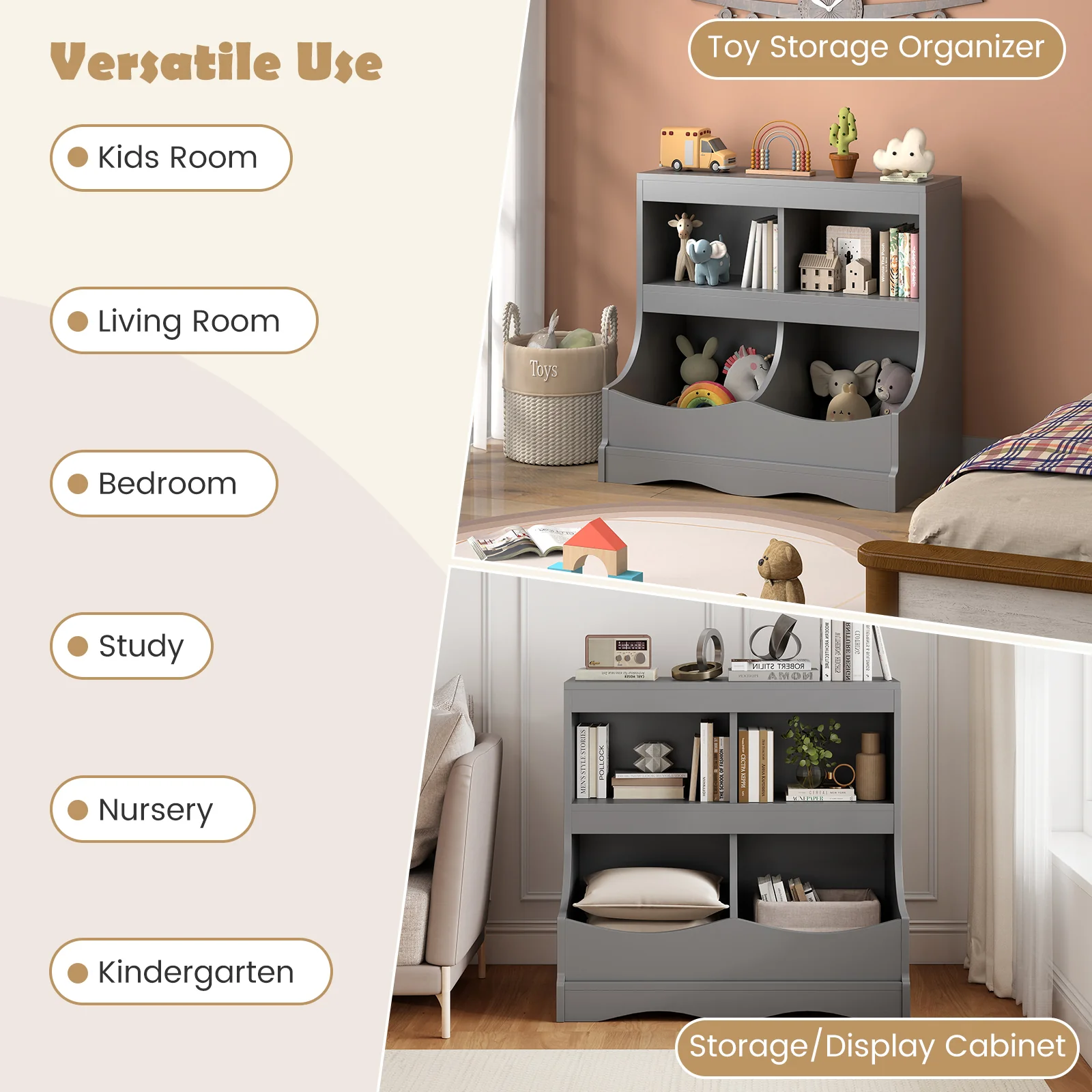 Toy Storage Organizer 4-Cubby Kids Bookcase for Toys and Books, Gray - Image 8