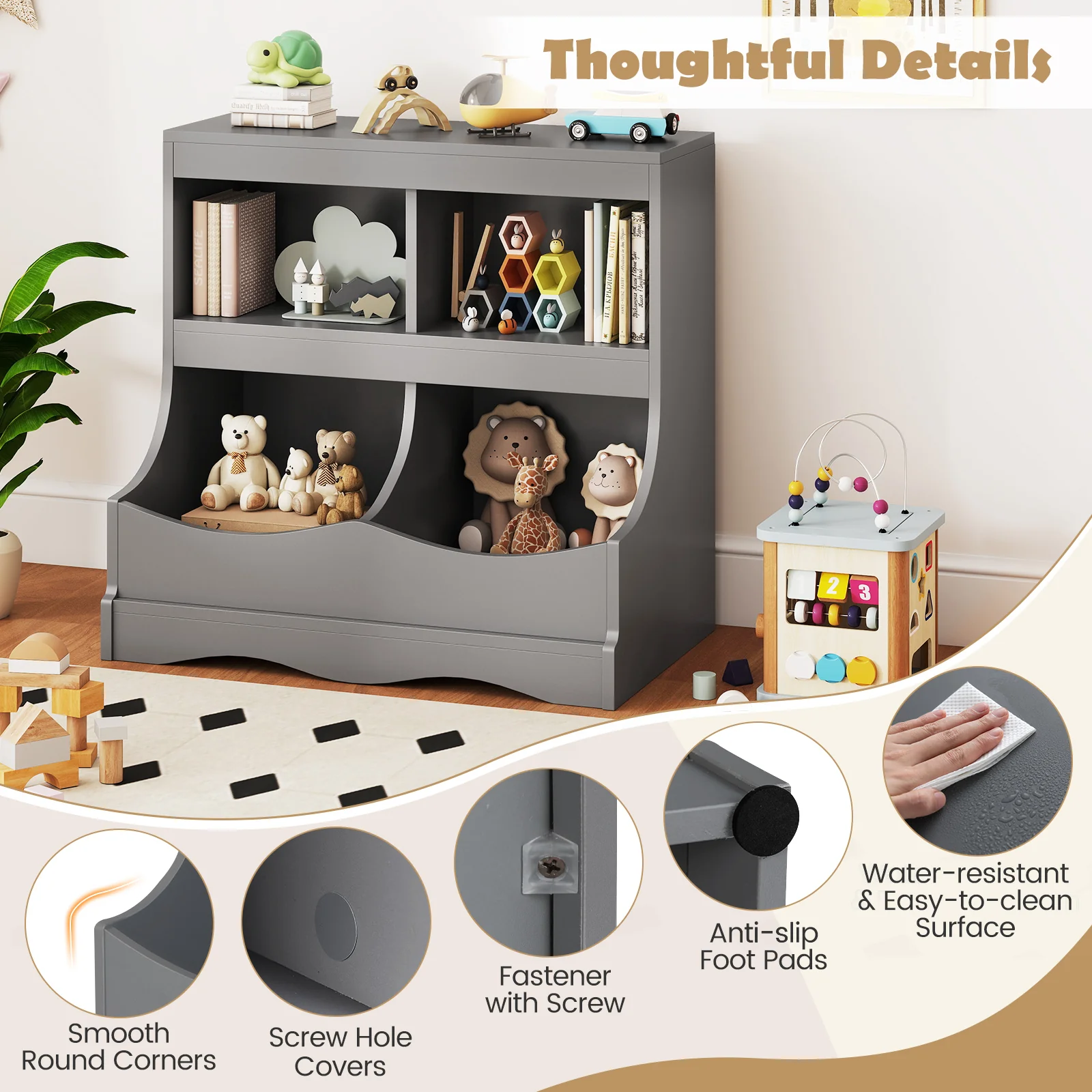 Toy Storage Organizer 4-Cubby Kids Bookcase for Toys and Books, Gray - Image 9