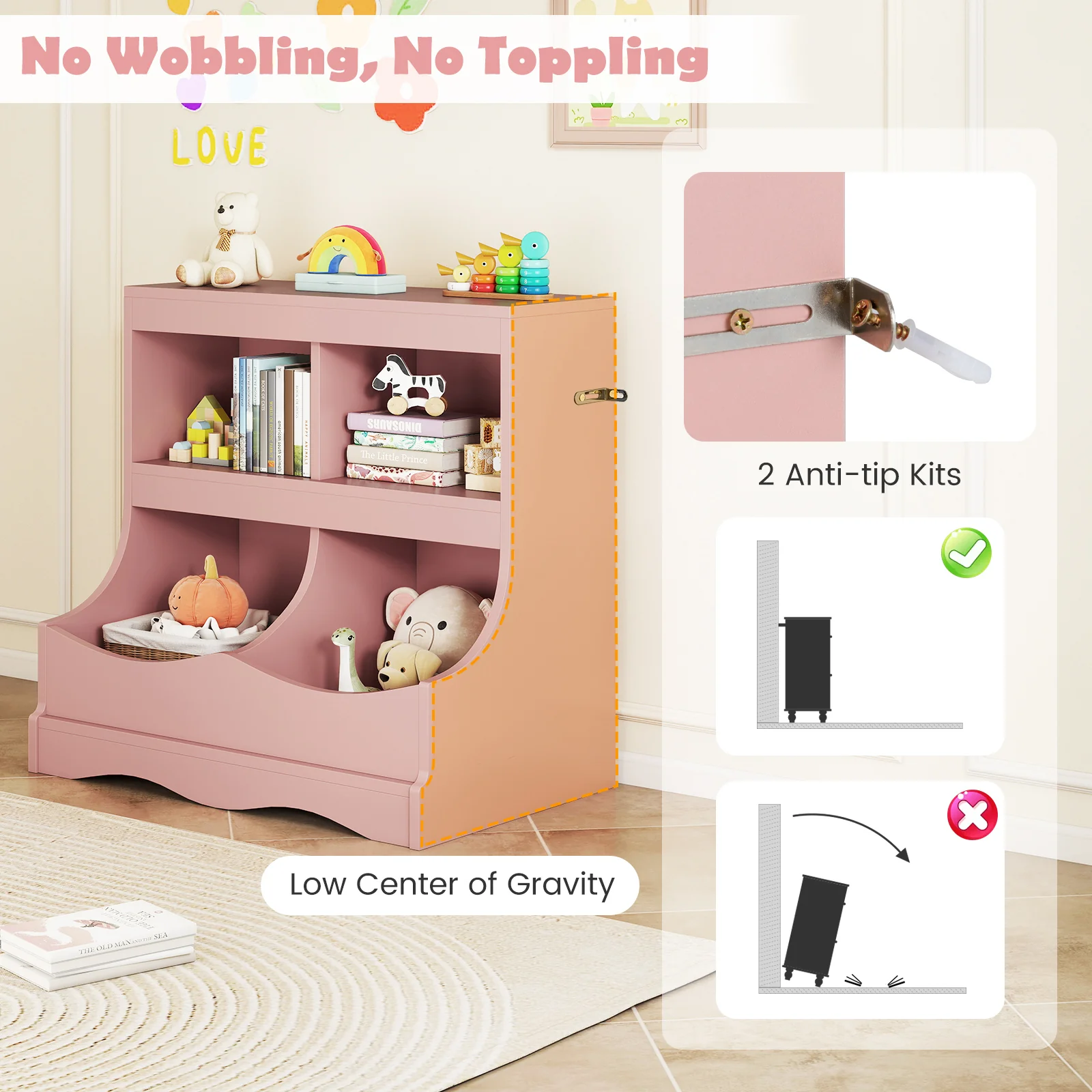 Toy Storage Organizer 4-Cubby Kids Bookcase for Toys and Books, Pink - Image 10