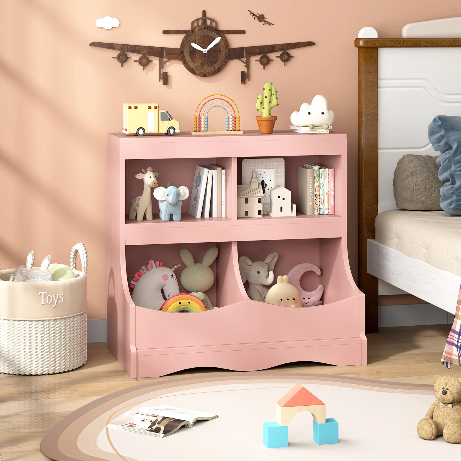 Toy Storage Organizer 4-Cubby Kids Bookcase for Toys and Books, Pink - Image 2