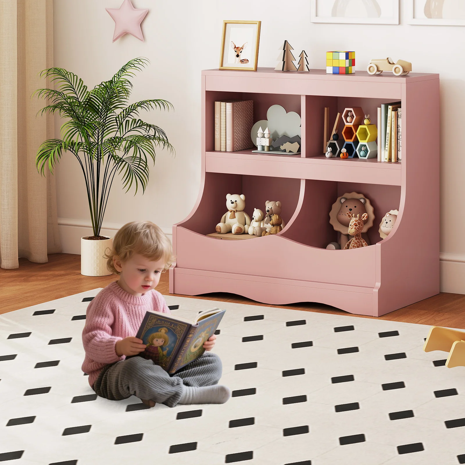 Toy Storage Organizer 4-Cubby Kids Bookcase for Toys and Books, Pink - Image 3